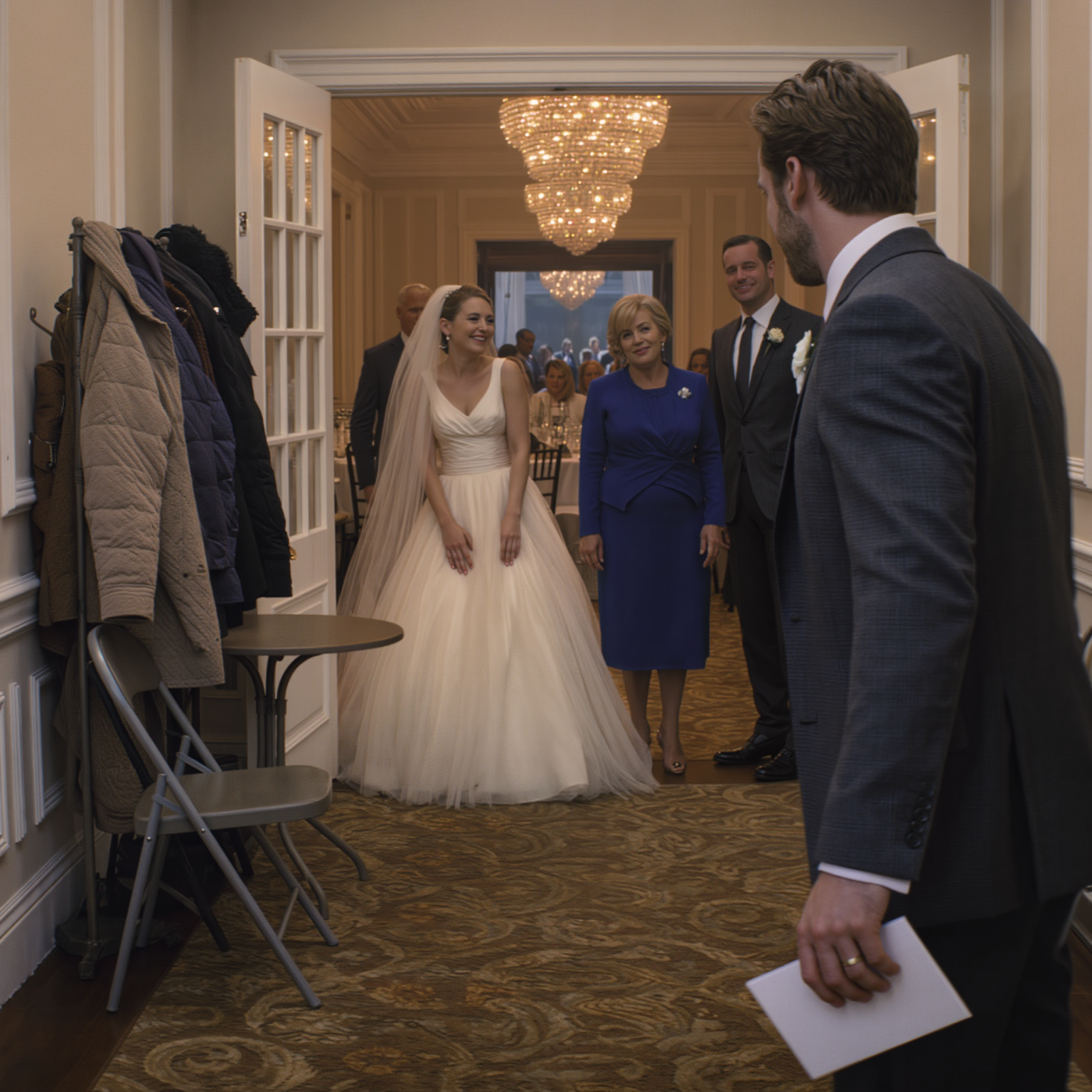 When I Showed Up to My Little Sister’s Wedding, I Checked the Seating Chart and Froze: My Name… Wasn’t There. They Pointed Me to a Tiny Table Out in the Hallway by the Coat Rack. Her MIL Smirked, “The Tables Inside Are Only for Family.” My Sister Giggled, “Guess You Don’t Count.” I Stood Up Holding My Gift and Said ONE Sentence—The Whole Ballroom Went Dead Silent.