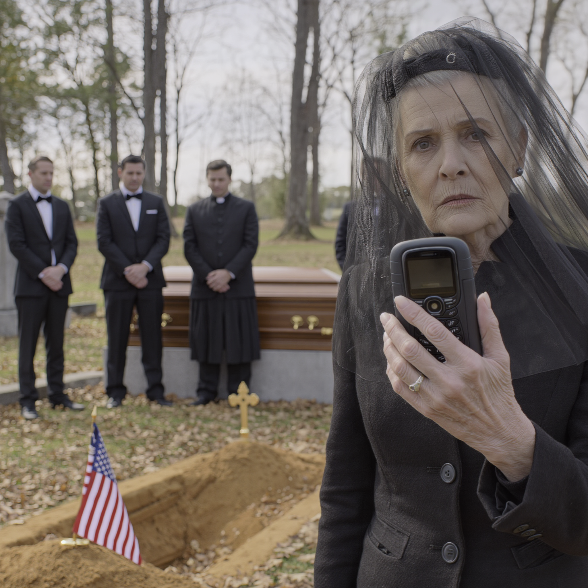 At my husband’s funeral, right beside his grave, my phone vibrated with a message: ‘I’m not gone. Don’t believe what you see today.’ Trembling, I typed back: ‘Who is this?’ The reply came immediately: ‘I can’t explain here. Be careful with the kids. Don’t sign anything.’ I looked up at my family’s faces – and suddenly I knew this farewell wasn’t as simple as it seemed.