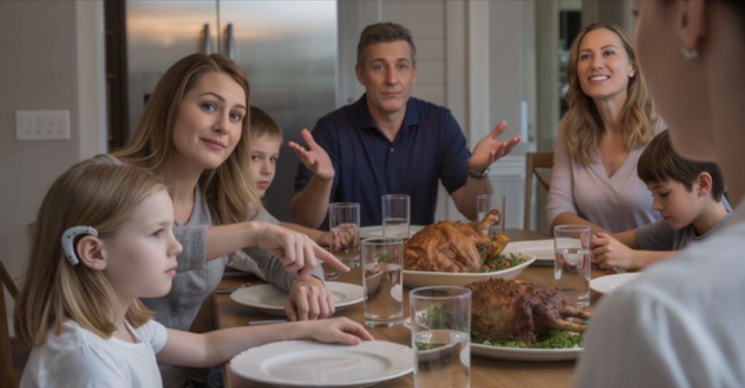 At a family dinner, my sister pointed and laughed, calling my 6-year-old daughter’s hearing aid “robot ears”… my mom said, “Wear one that’s less visible,” my dad brushed it off: “It’s just a joke—stop being so sensitive” — I stayed silent… until my husband stood up, threw the door wide open, and said exactly ONE word… the next morning, the whole family woke up and finally understood the “price” of a joke…