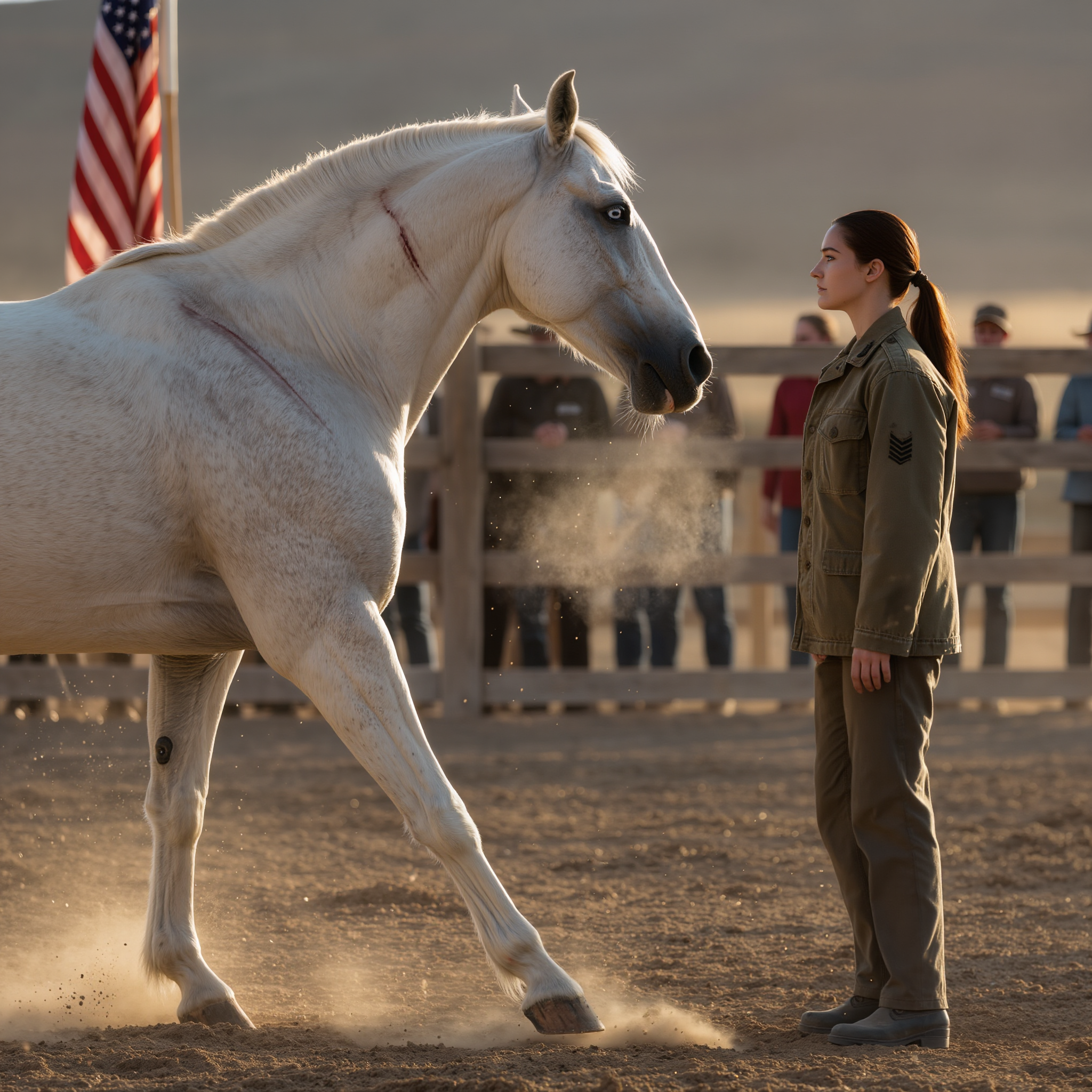 No one wanted to buy the fierce white horse with a flank full of scars and pale eyes — an animal that even its trainer said was too dangerous, to the point that grown men had to step back. At every auction, the scene repeated: silence, a few mocking laughs, and the sound of hooves pounding against the metal floor, as if it were fighting against a world that had already given up on it. Until one day, a quiet woman in a faded Marine Corps jacket stepped forward. She didn’t ask the price. She only asked its name.