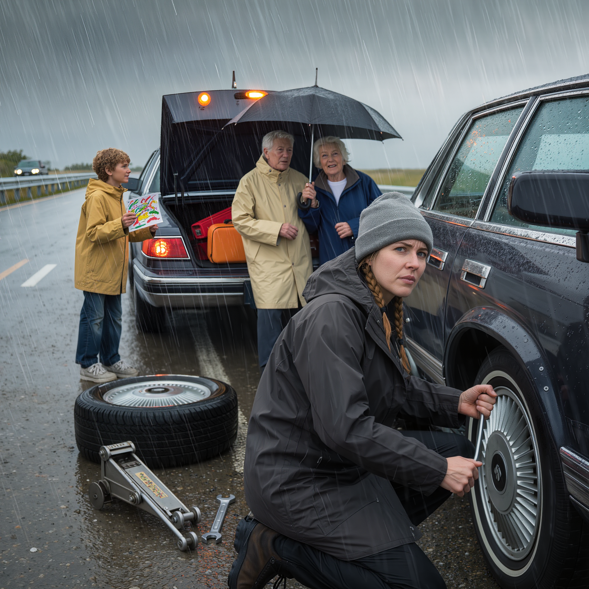 Christmas in a raging storm, i pulled over on the highway to change a flat tire for an elderly couple—then my son suddenly ran out and handed them a crayon drawing… 10 days later, my parents called screaming, “turn on the tv now!”—and what showed up on the screen made my hands shake uncontrollably…