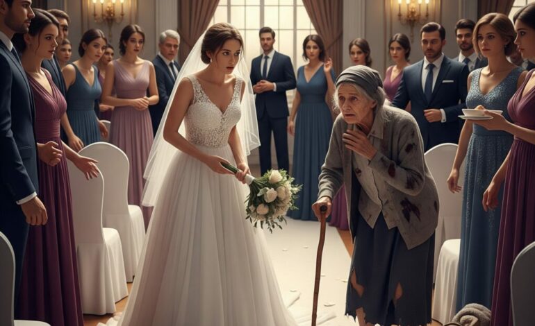 Right in the middle of a luxurious wedding, the bride dropped her bouquet in shock—because the homeless woman everyone wanted to throw out… was her long-lost mother.