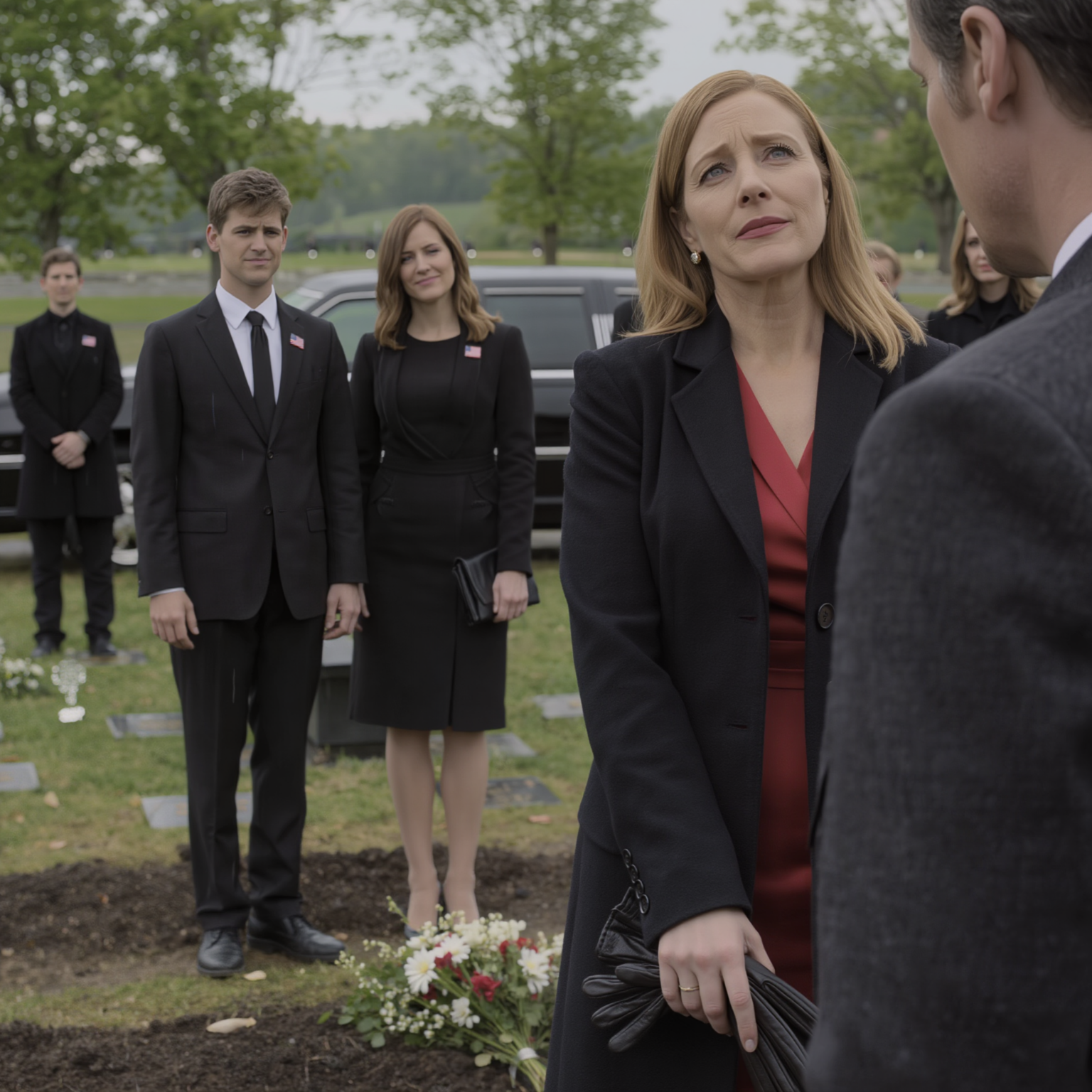 I wore a red silk dress to bury my husband—my son sneered, “Don’t dream of a single cent from Dad’s $55 million estate!” my daughter-in-law curled her lip: “We’re in charge now”… but the moment the will reading began, the lawyer said exactly one sentence and both of them went pale…