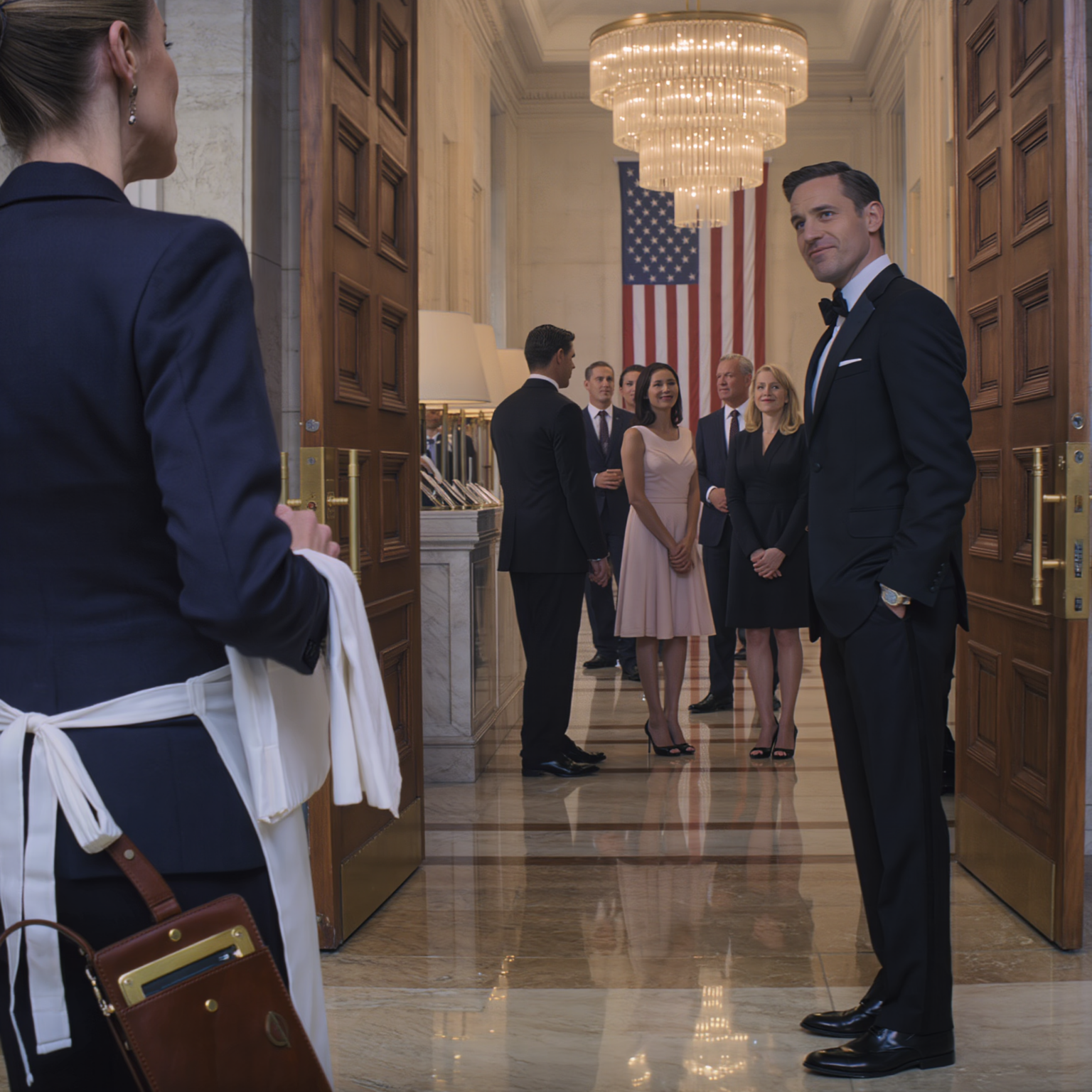 At my son’s law school reception at an Ivy-style club, I was dragged toward the kitchen: “Catering this way!” My hand had already brushed my federal judge credentials… but his girlfriend’s father sneered, “Don’t let that cleaning lady anywhere near the partners.” I just tied the apron, poured champagne, and listened as they talked far too much—then a powerful guest walked in… and the whole room suddenly went dead silent.