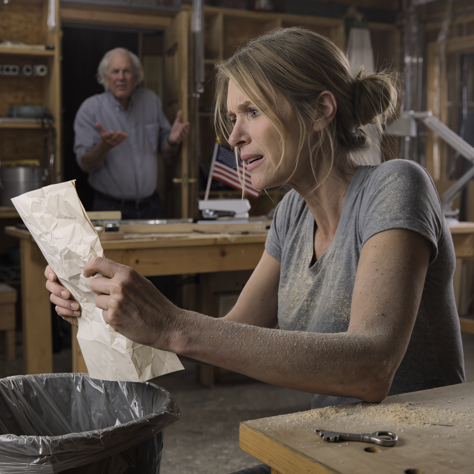 At 11:45 p.m., I pulled a crumpled piece of paper out of the trash and went cold: my family’s shop had been quietly transferred into my brother’s name three years ago… 15 years of callused hands, 80 hours a week—turns out it was all unpaid labor. I didn’t scream. I just set the key on the desk and disappeared. A week later, Dad called, gasping, “Our biggest client is leaving…” and I answered with one line so cold the whole house went silent.