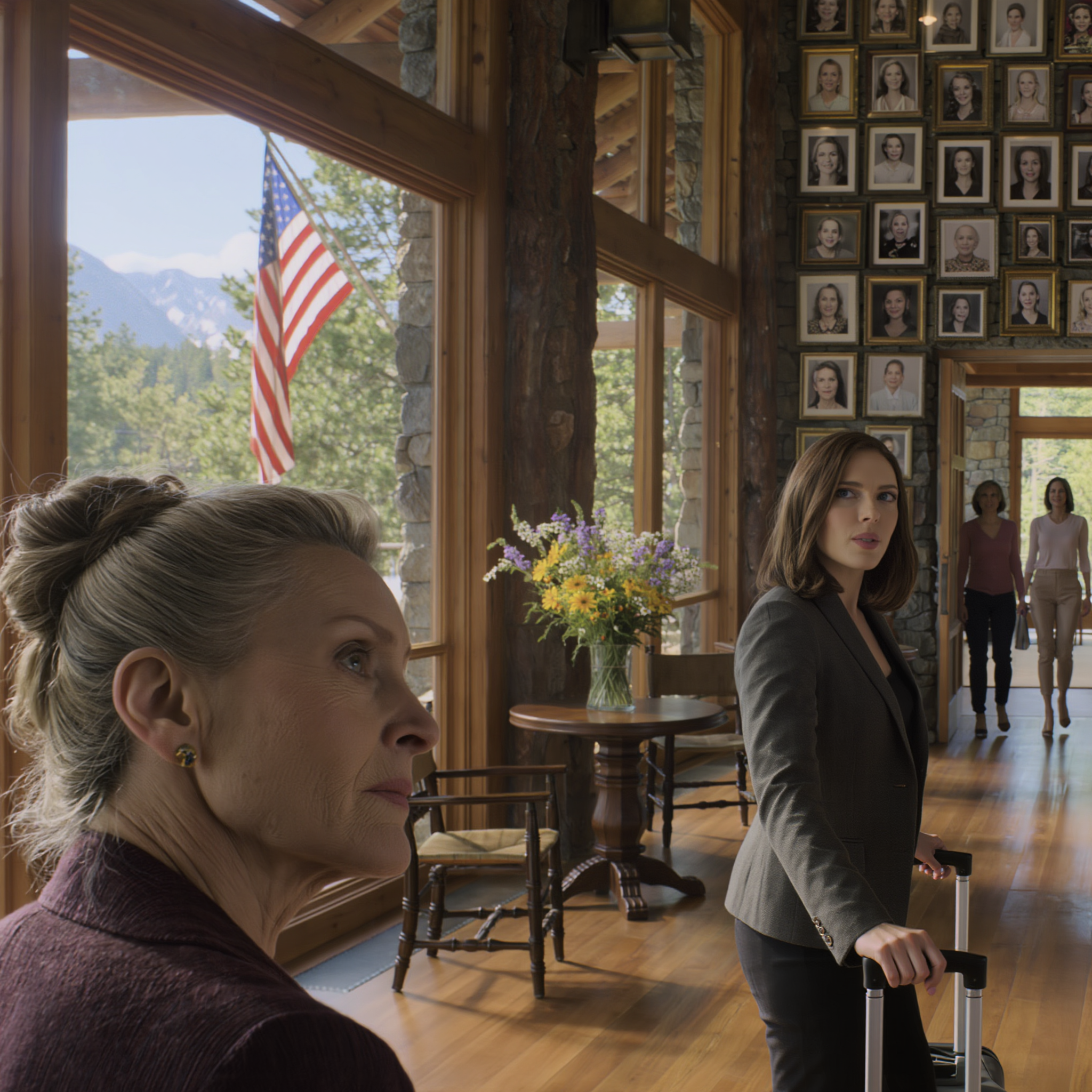 We’d heard you bought a “million-dollar villa in the Alps,” my daughter-in-law knocked on my door early that morning, dragged two suitcases straight inside, and declared, “We’re coming to live with you and make peace.” I simply smiled and stepped aside. But the moment they reached the main hall, they abruptly stopped dead—frozen in place in front of a wall packed with framed photos, and one detail that made their faces go pale…