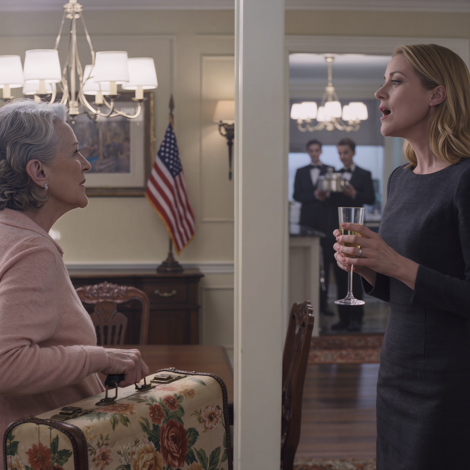 On New Year’s Eve, my daughter-in-law raised a glass of champagne and casually declared: “Your old mom is useless—tomorrow we’re sending her to a nursing home.” At 75, I could only grab my old floral suitcase, quietly leave the house for an icy bus station, tears pouring nonstop. A young woman in scrubs sat beside me, heard everything, then walked away to make a call: “Dad, I found her… it’s really her.”