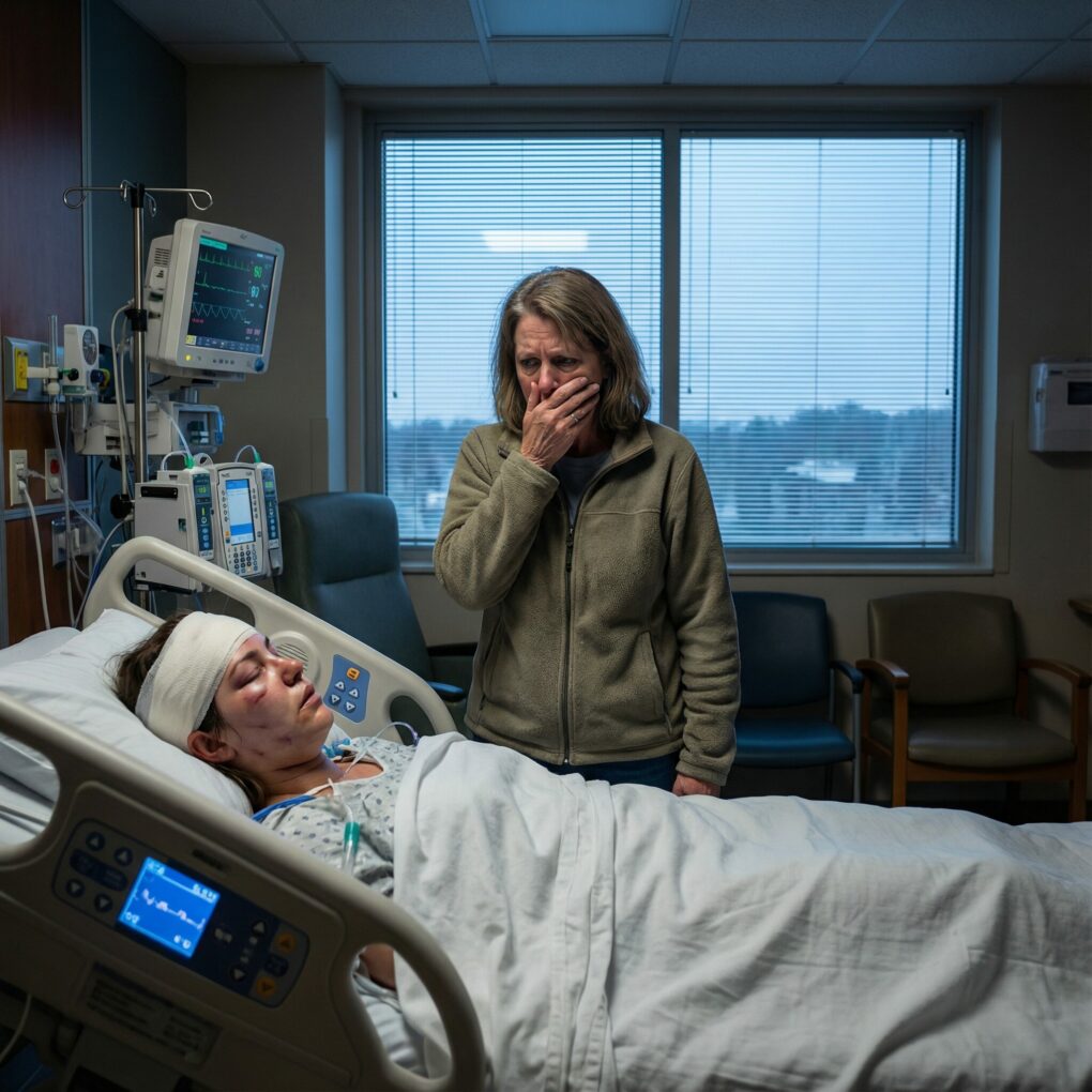 The phone shrieked at 4:45 a.m., and my son-in-law spat, “She’s your problem now. Pick her up.” I found my daughter crumpled on a station bench, skin bruised purple, bones shattered. With her last breath she whispered, “Mom… they wouldn’t stop.” The monitor went flat. My heart didn’t break—it froze. I still had the spare key. Tonight, I was going home.