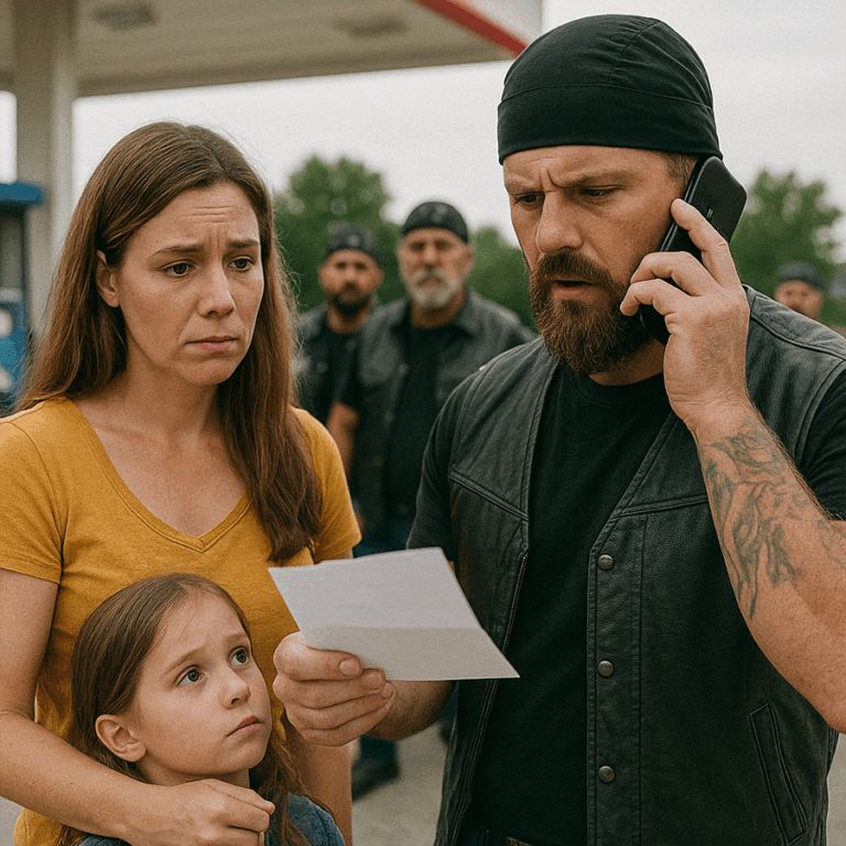 When a Single Mom at a Gas Station Quietly Slipped a Note to a Biker, He Thought It Was Just a Thank-You — Until He Read the Words: “Please Help Us. My Son’s in the Car.” That One Sentence Made Him Call His Entire Motorcycle Club, and What Followed Stunned Everyone.