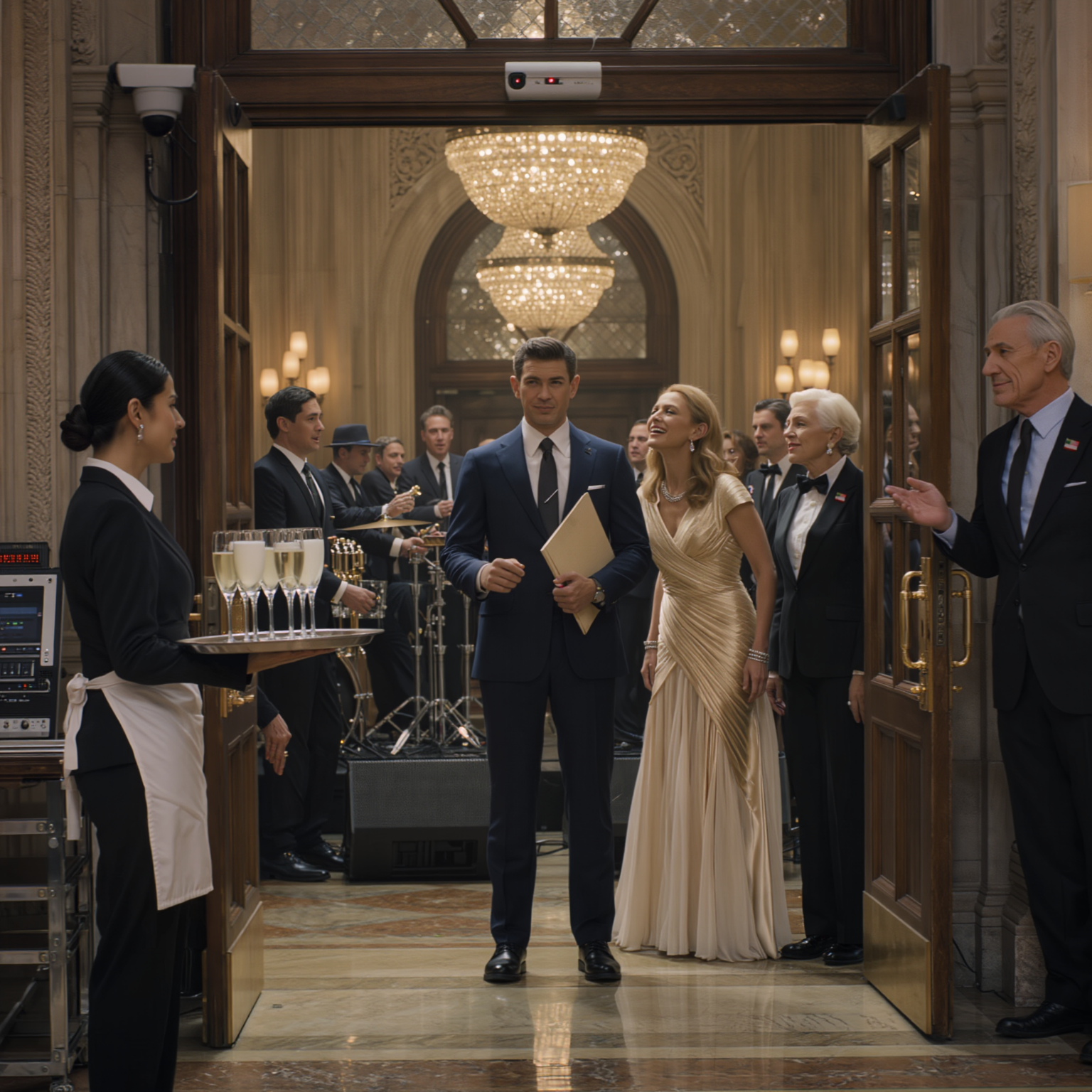 At my sister Madison’s engagement party in a downtown Grand Meridian ballroom, a guard sized up my faded jeans and sneered, “Service entrance,” while Madison laughed like I was hired help. I tied on an apron, stayed invisible, and watched a tiny security camera blink over chandeliers as ‘old money’ guests whispered about what my family could do for them. Then a stranger slipped a USB near the sound system—and my general manager entered with a folder looking for Ms. Wong.