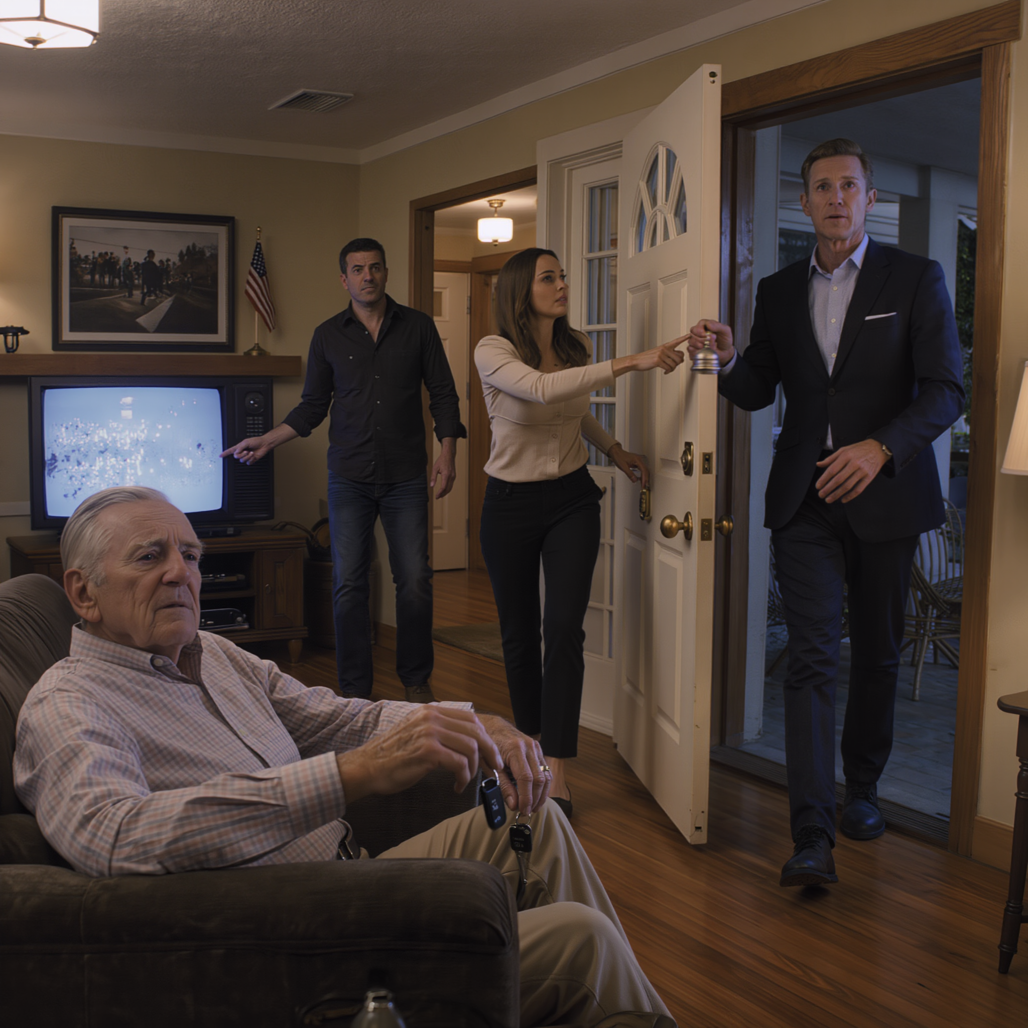 I was watching TV in my living room when my daughter-in-law walked in and said, ‘Go to your room, old man. This is my space now.’ My son just turned away as if he hadn’t heard anything. I grabbed my keys and left without pleading. The next day, a man in a suit rang the doorbell, and as soon as she saw him, she gripped the door frame so tightly that her knuckles turned white.