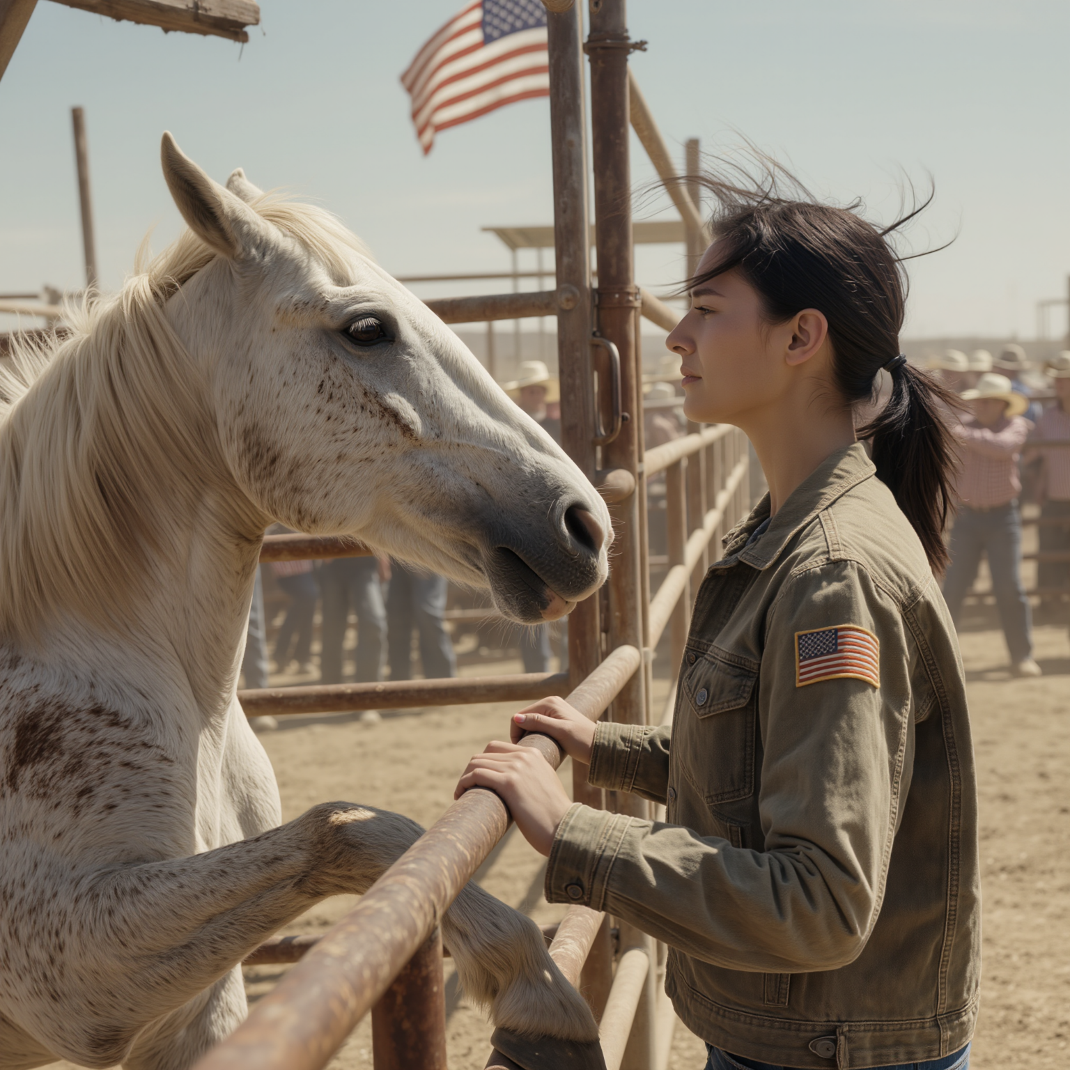 No one dared bid on the wild white horse, its hide covered in scars and its eyes pale, an animal even its trainers warned was difficult to control, so much so that even experienced people avoided it. Auction after auction, it remained the same: a heavy silence, a few mocking laughs, and the clanging of hooves on the metal floor, like a creature rebelling against its predetermined fate. Then one afternoon, a soft-spoken woman in a worn Marine coat emerged from the crowd. She didn’t ask the price. She only asked the horse’s name.