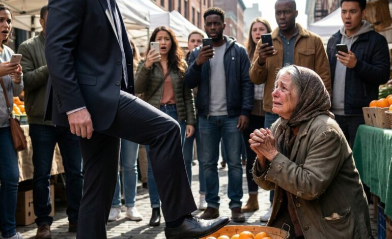 I still hear my own voice echoing through the crowded market. “Get away from me,” I snapped, my polished shoe striking her worn-out basket as people gasped. She fell, whispering, “I’m sorry… I just wanted to see you.” Something in her eyes froze my breath. Why did my chest ache like this? If I had known who she truly was… would I have kicked her away—or fallen to my knees?