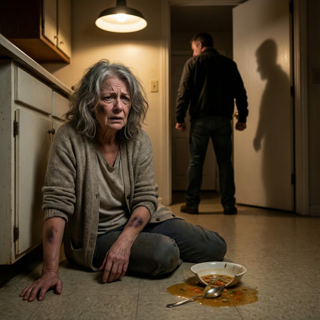 I still remember the clang of the spoon hitting the floor when my son screamed, “You ruined everything!” The next second, his fist came down—over a bowl of soup with no salt. As I lay there trembling, he whispered words that cut deeper than the blow. I thought that was the end of me… but what happened after would expose a truth none of us were ready to face.