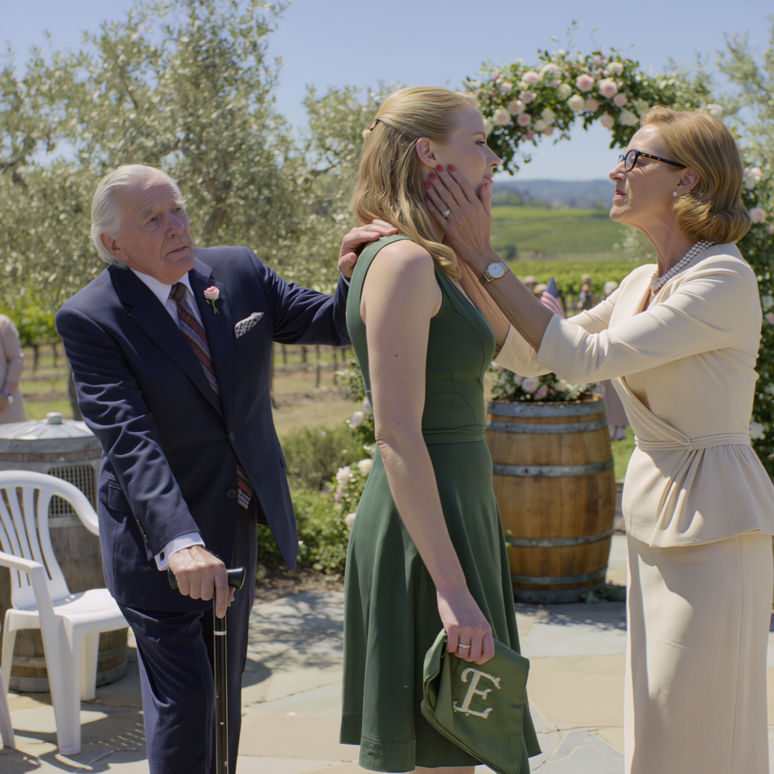 My mother smiled for the photographer and whispered, “Seat that old man behind the trash bins—tell people he’s staff if they ask,” the moment my 82-year-old grandpa stepped off a six-hour flight for my brother Michael’s Napa vineyard wedding, and when I raised my glass and asked why strangers were eating at the family table while he sat on a plastic chair beside the catering vents, she slapped me so hard the music stopped… then the iron gate shook, a black Rolls-Royce and two SUVs rolled in, and Grandpa William walked back like the vineyard answered to him.