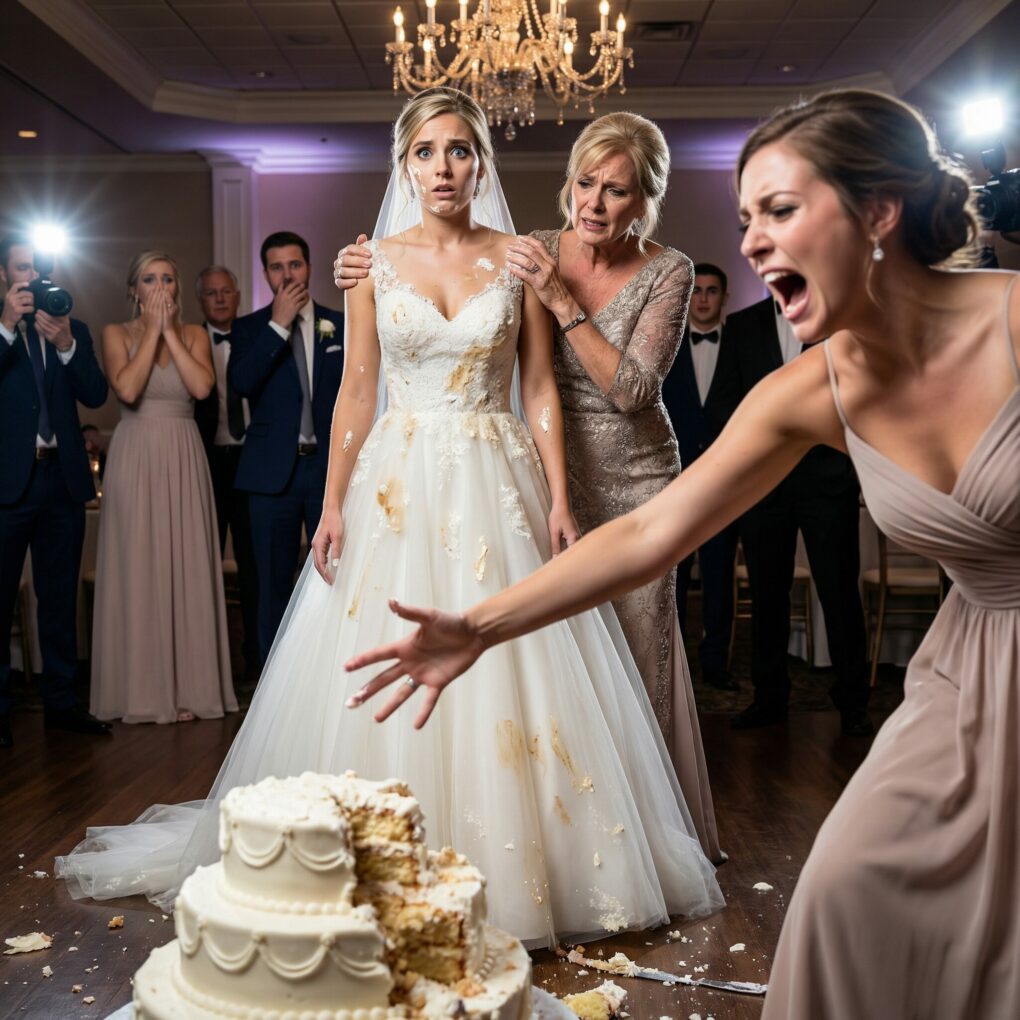 On my wedding day, my sister snapped. She hurled champagne across the room, smashed the wedding cake, and screamed, “This is what you get for acting so arrogant!” Gasps echoed as frosting dripped down my dress. My mother rushed forward and hugged me tightly—whispering, “Stay calm.” But her hands were shaking. That’s when I realized… this wedding was hiding a truth no one was ready to face.