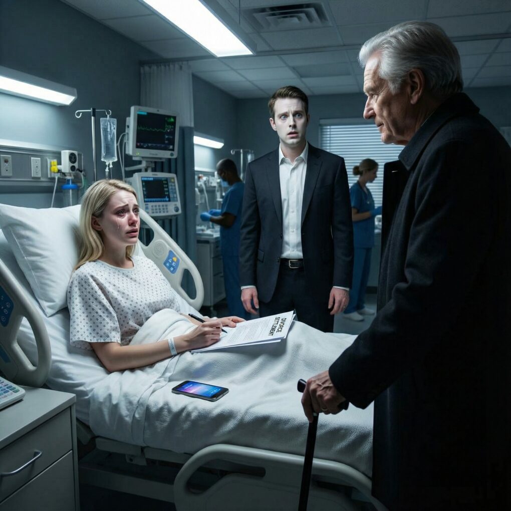 ‘Sign it! I want a perfect wife, not a burden in a wheelchair!’—my husband threw divorce papers at me right in the ICU, then put his mom on speaker to scold me, ‘Don’t be a burden.’ My hand shook as I signed, thinking I’d lost everything… but the moment my card was declined, a man with a cane walked in and called me by my full name—and my husband’s smile suddenly died.