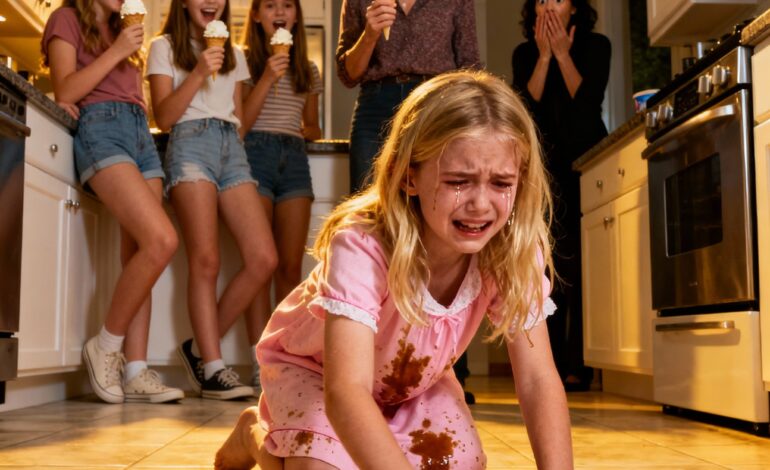 My nine-year-old went to what should’ve been a simple sleepover at my sister’s house—yet somehow ended up scrubbing her kitchen floors while her cousins enjoyed ice cream. When I arrived, she was drenched in filthy water, exhausted, and my sister just waved it off with, “She’s fine, just helping out a little.” My family laughed. I said nothing. I took her home. Three days later, something happened that made the first cracks appear in my sister’s “perfect life”…