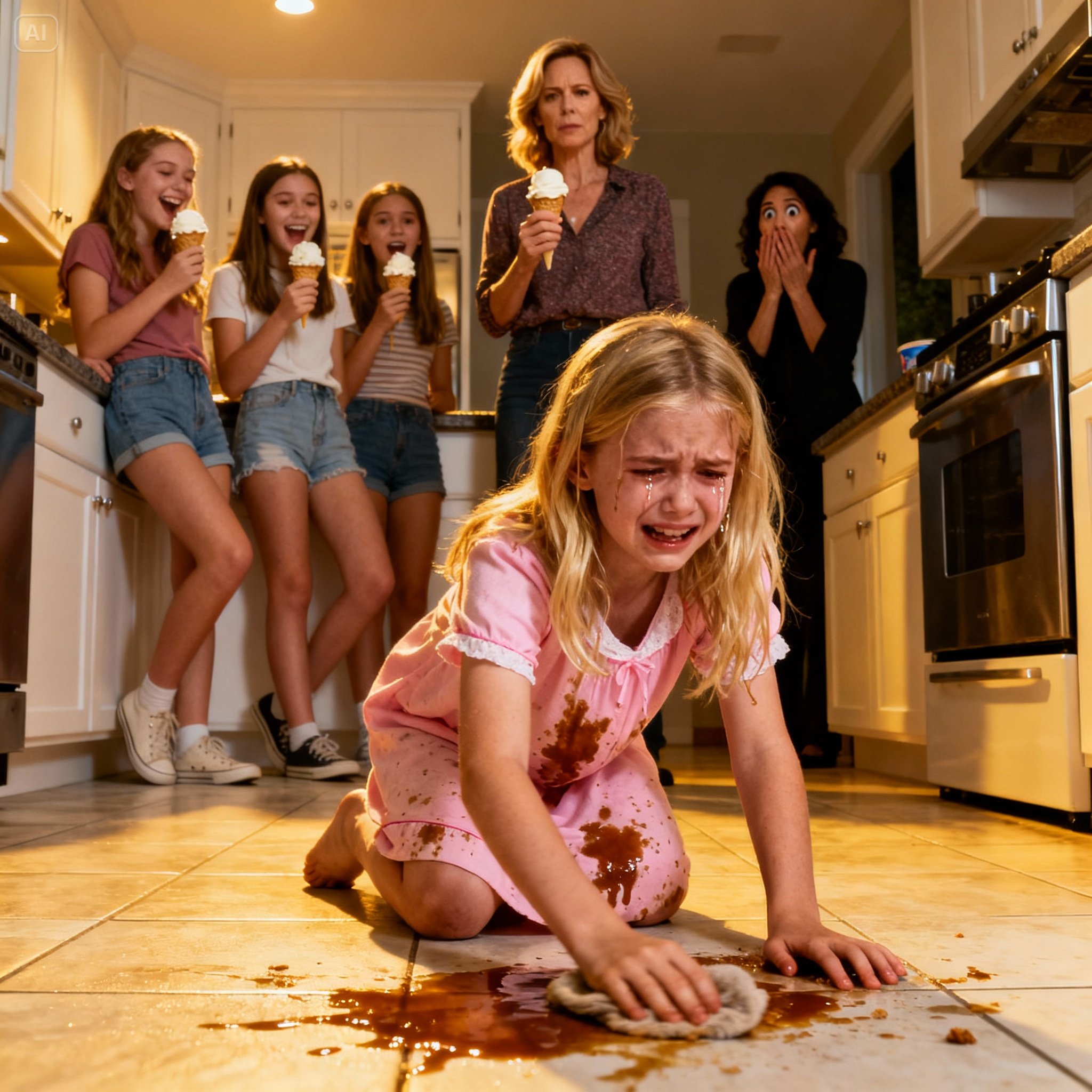 My nine-year-old went to what should’ve been a simple sleepover at my sister’s house—yet somehow ended up scrubbing her kitchen floors while her cousins enjoyed ice cream. When I arrived, she was drenched in filthy water, exhausted, and my sister just waved it off with, “She’s fine, just helping out a little.” My family laughed. I said nothing. I took her home. Three days later, something happened that made the first cracks appear in my sister’s “perfect life”…