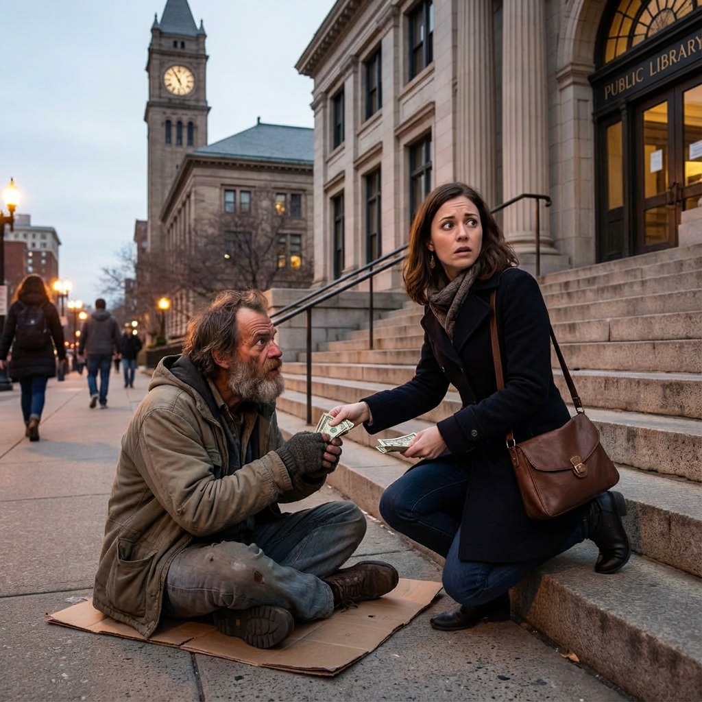 After my husband passed away, I found a new job, and every day I left a little money for an old homeless man who sat in front of the library. One day, when I bent down as usual, he suddenly grabbed my hand and said, “You’ve been too kind to me. Don’t go home tonight. Stay at a hotel. Tomorrow I’ll show you this.”