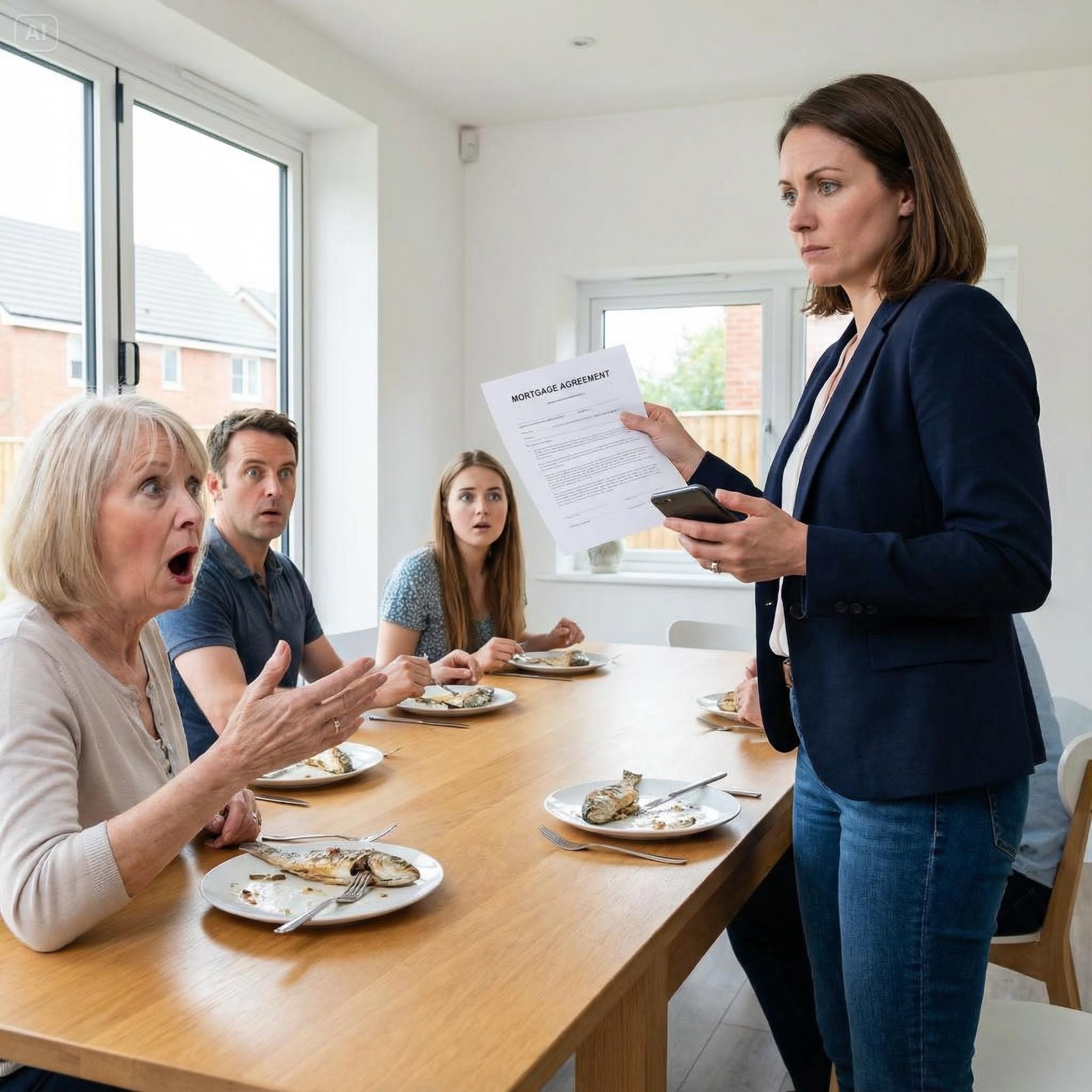 Before dinner, my mother-in-law choked on a fish bone but still screamed at my 7-year-old daughter: “You’re bad luck! You’re not having dinner! Go to bed now!” My husband said nothing. I just smiled and replied, “We’re not eating. Thank you.” My mother-in-law growled, “Stop acting up. You two freeloaders should be grateful.” I didn’t shed a tear. I went upstairs, grabbed a piece of paper, came back down, and said, “All of you need to get out of my house right now before I call the police.” They froze, every face turning white…