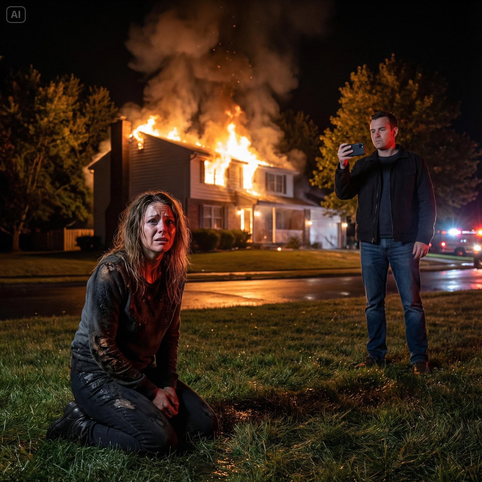 i woke up to a house full of flames. every door was locked tight! desperate, i smashed a window and leaped to safety. but the real horror wasn’t the fire—it was seeing my husband standing outside, calm and cold, filming the entire tragedy on his phone. he planned it all…