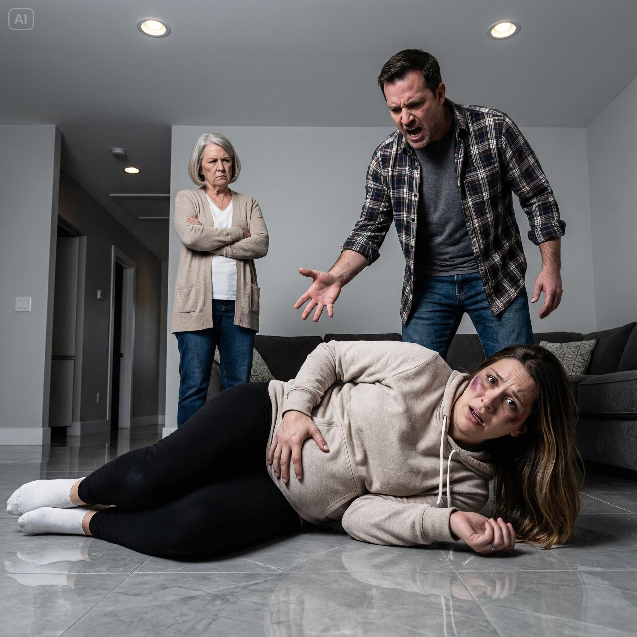 His mother’s insults were still cutting into me when he barged in, fury twisting his face. “You dare disrespect my mother?!” he shouted—then his hand slammed into me, sending my six-month-pregnant body crashing to the floor. I remember the cold tiles… the sirens… the fear. At the hospital, the door burst open. My father froze at the sight of me. And then he said, “Tell me everything.”