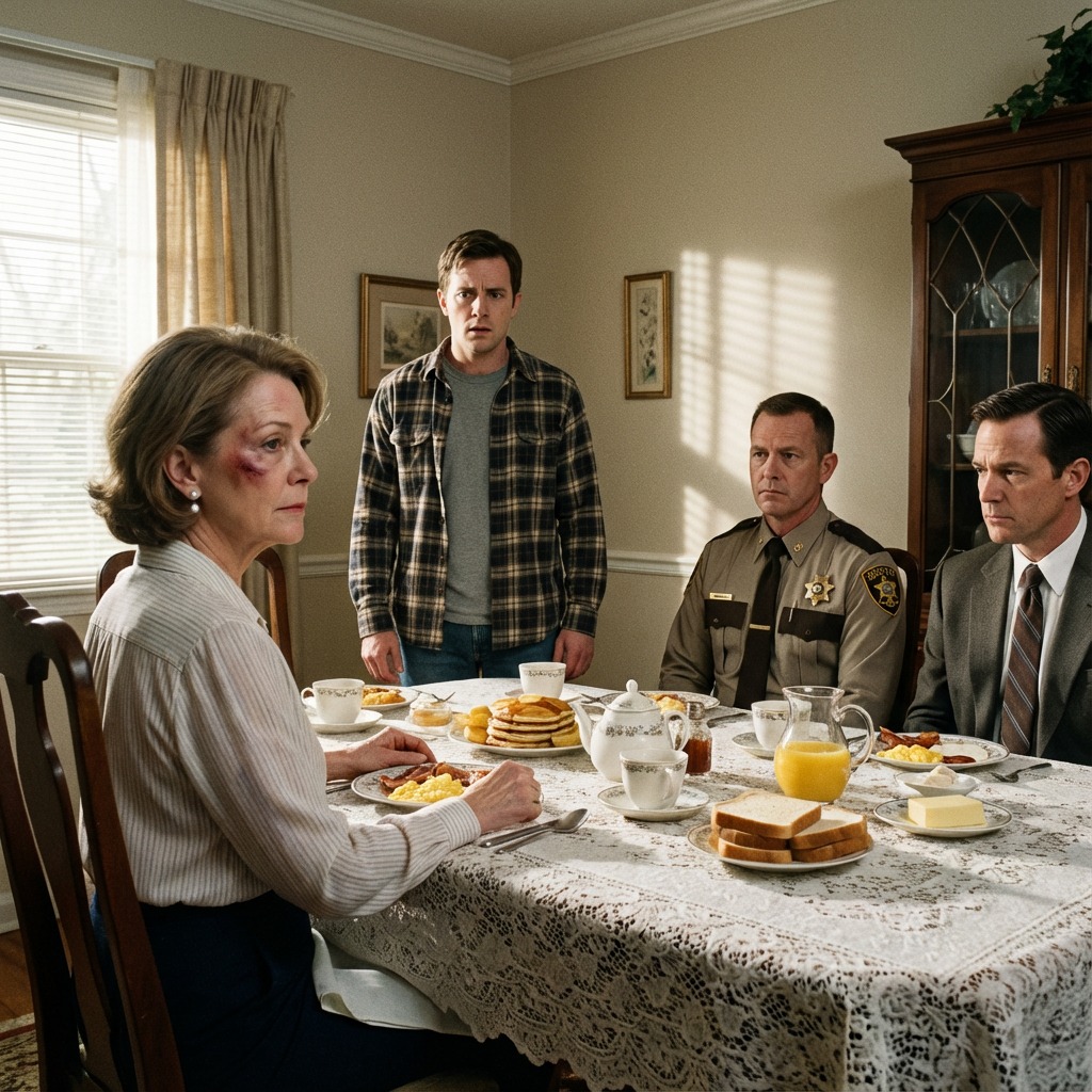 My son hit me last night and I stayed quiet. This morning, I laid out my lace tablecloth, baked a full Southern breakfast, and set the good china like it was Christmas. He came downstairs, saw the biscuits and grits, smirked, and said, “So you finally learned,” but his face changed the second he saw who was sitting at my table.