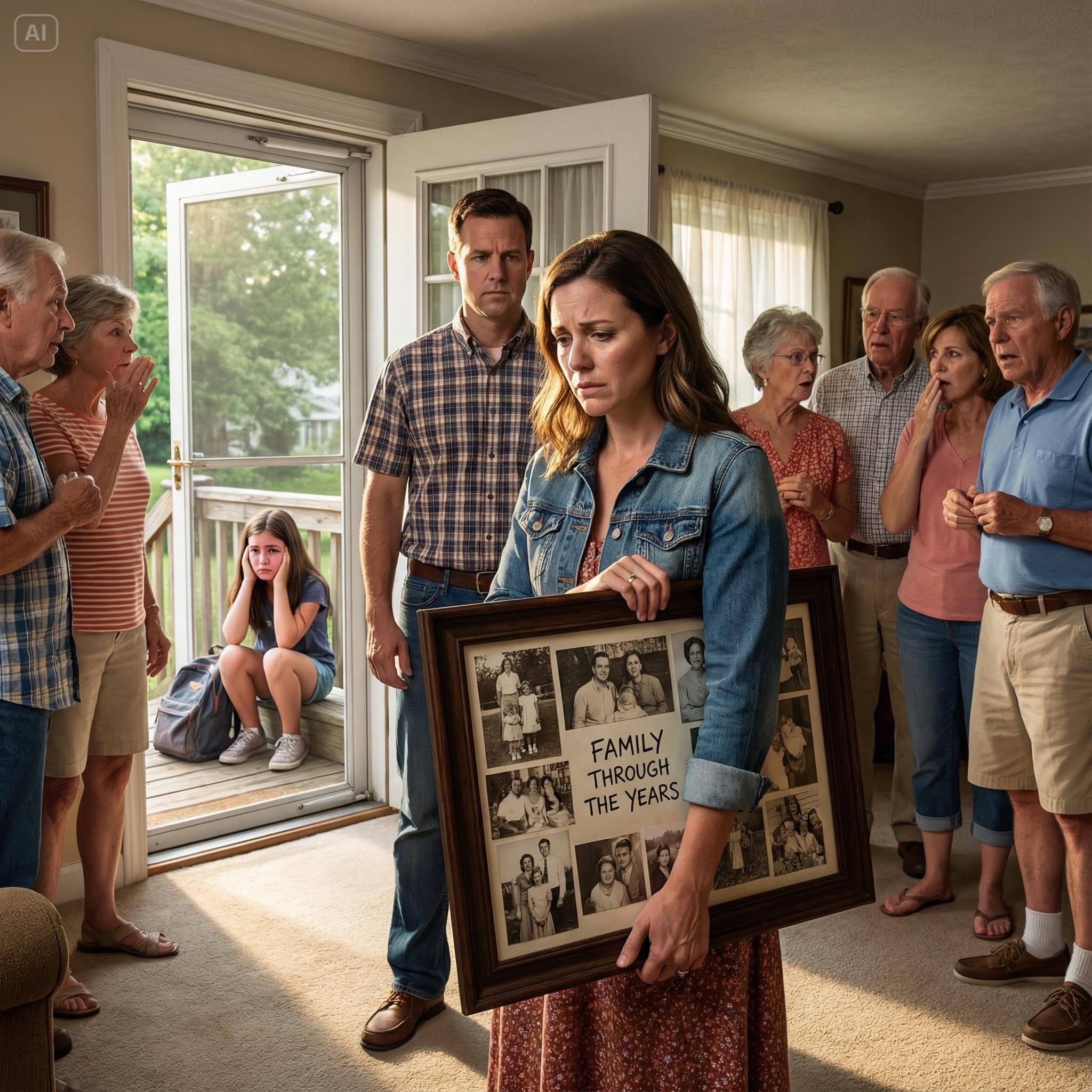 At the family gathering, my 7-year-old adopted daughter was pushed out of the photo frame: “She’s not real family, don’t let her be in the picture.” She sat and cried quietly the entire night, even with her father holding her close. When I found out, I didn’t scream. I simply stood up and did one single thing. Three hours later, the whole family was in chaos…