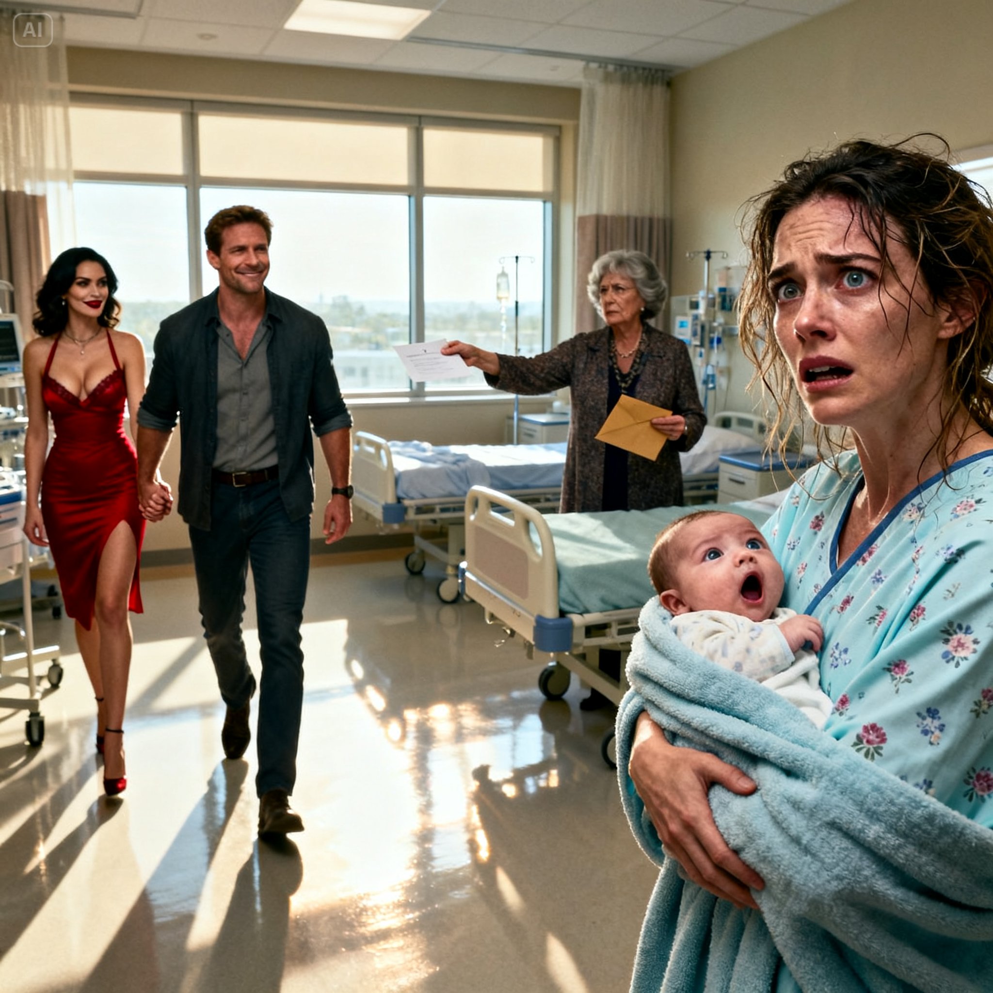 I had just given birth when my husband walked into my hospital room with another woman on his arm. His mother whispered to him, “Do it now before she notices,” like I was invisible. I stared in shock, holding my newborn—what happened next would change everything.