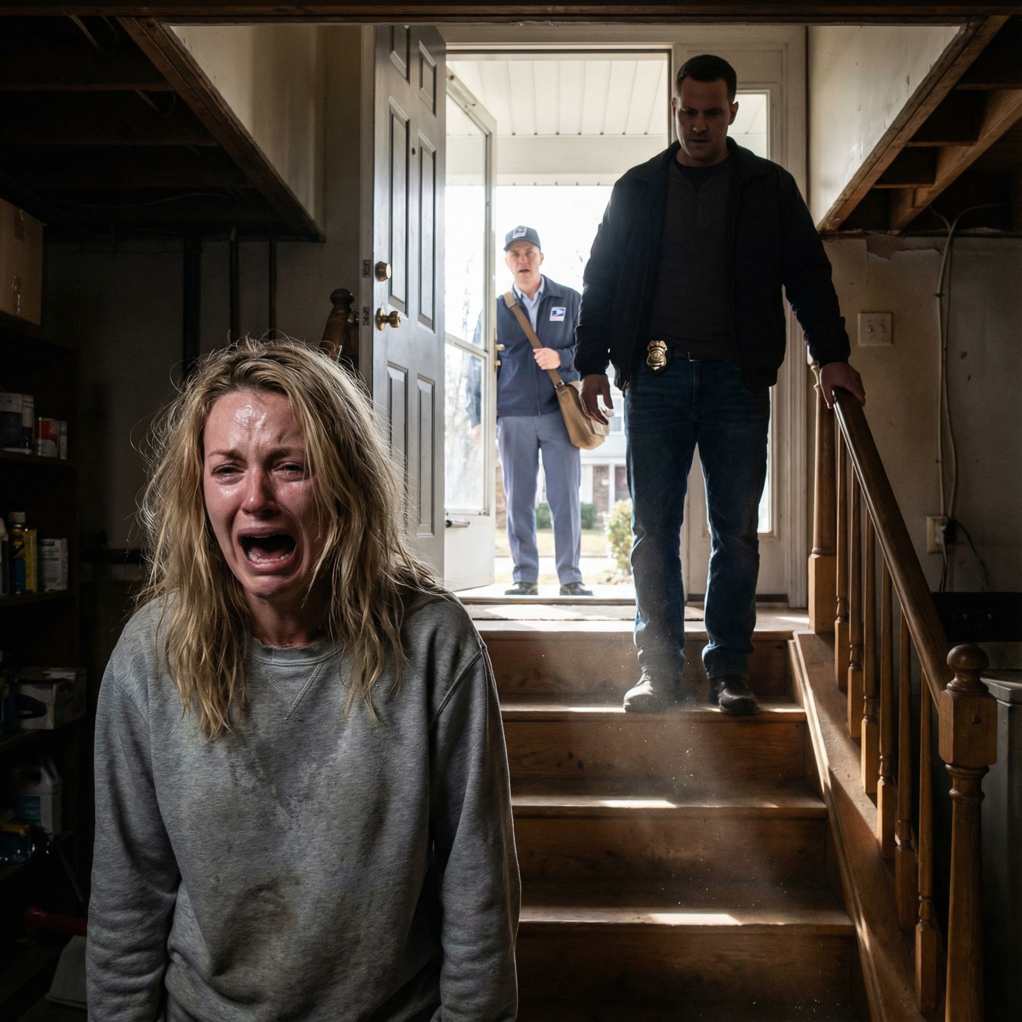 My husband locked me in the basement for days… One morning, I heard the mailman knock on the door. I screamed for help as loud as I could. But he froze when…