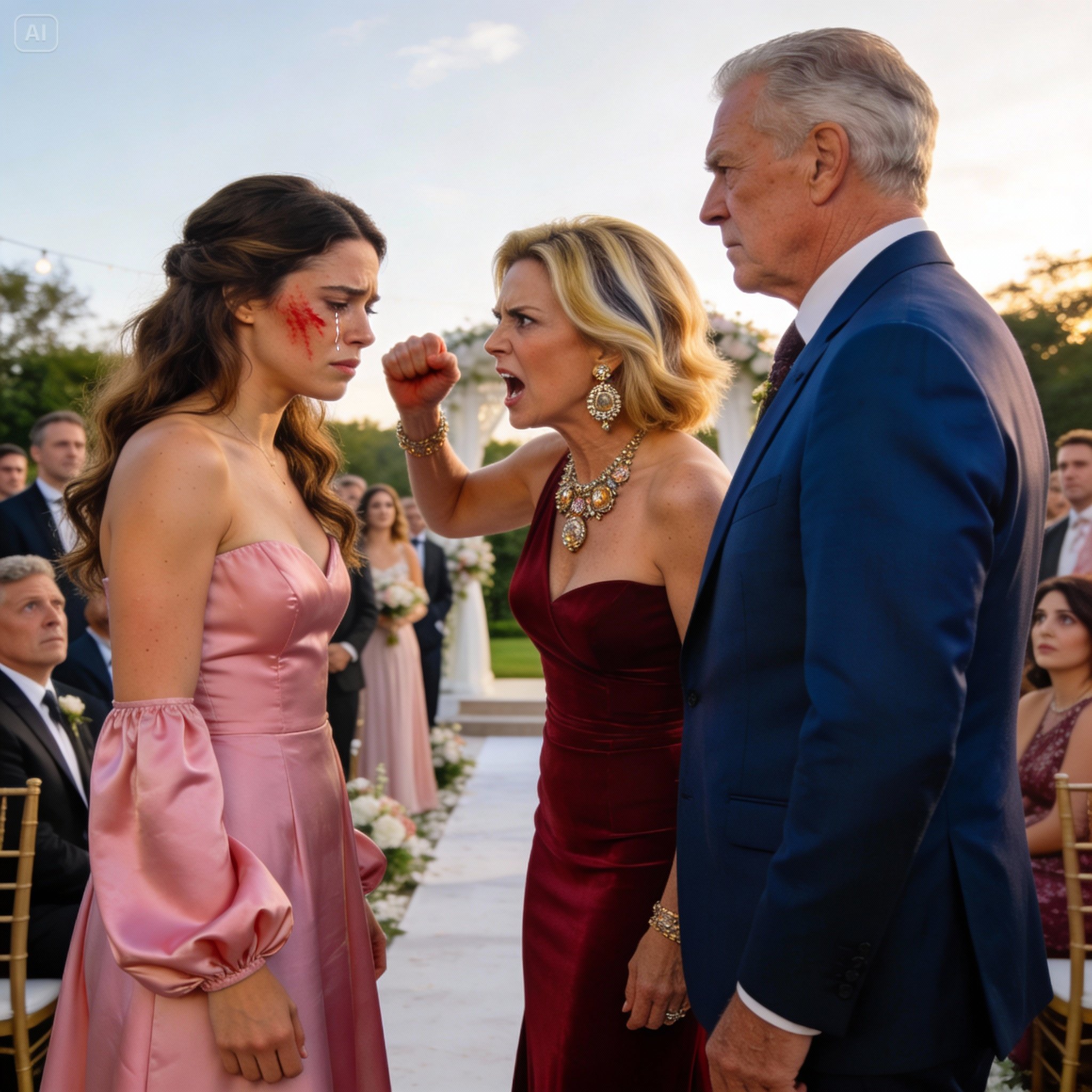 During my sister’s wedding, my dad’s girlfriend slapped me and shouted, ‘You’re sitting in my seat, you cheap girl!’ I looked to my dad for help—but he said, ‘Apologize to her or leave.’ I left… but not before making sure the truth would follow them.