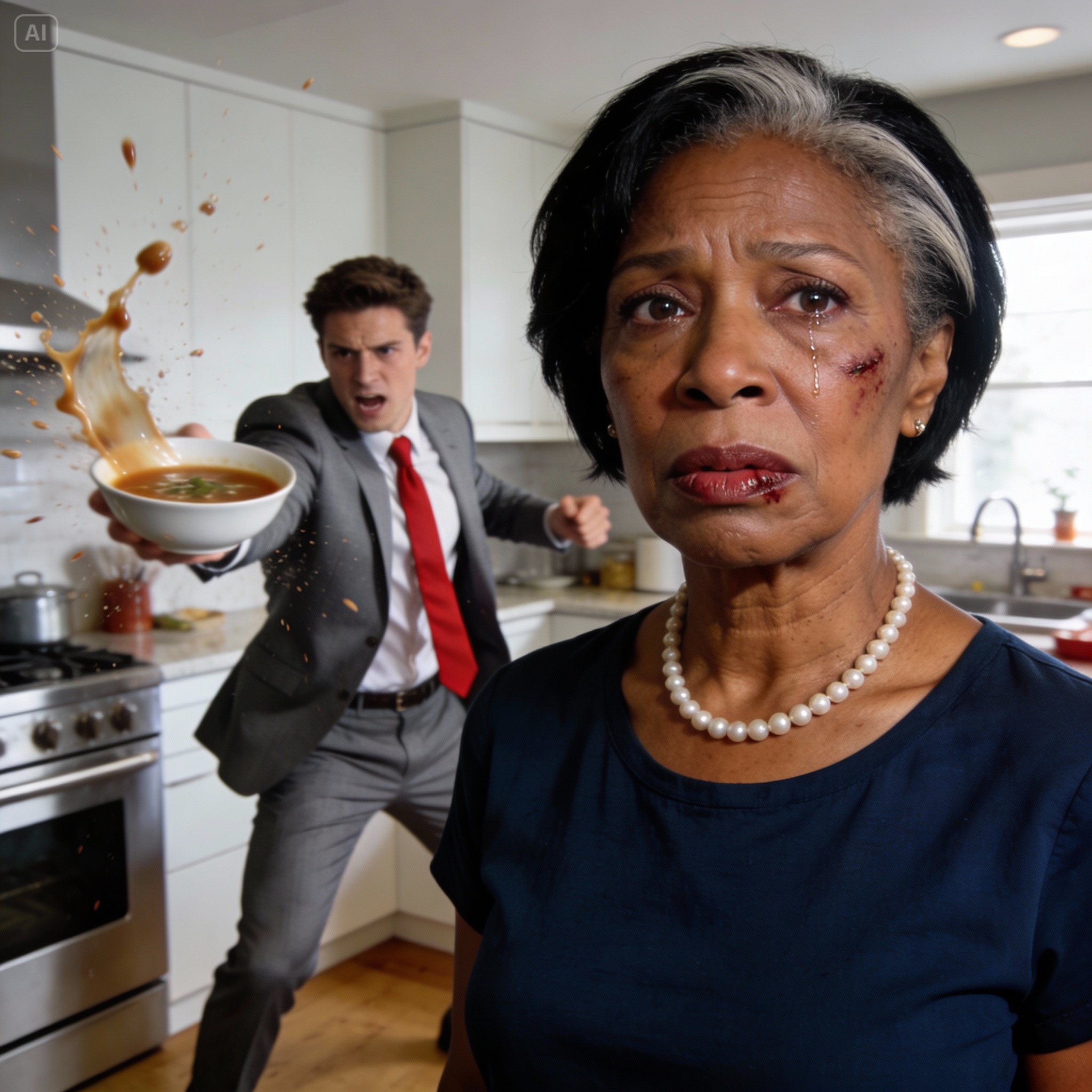 My Son Beat Me Over Unsalted Soup, Forced Me to Act Perfect for His Wife, and Expected My Silence—But When He Entered His Boss’s Office and Saw Who Was Waiting, His Blood Drained and His Entire World Collapsed