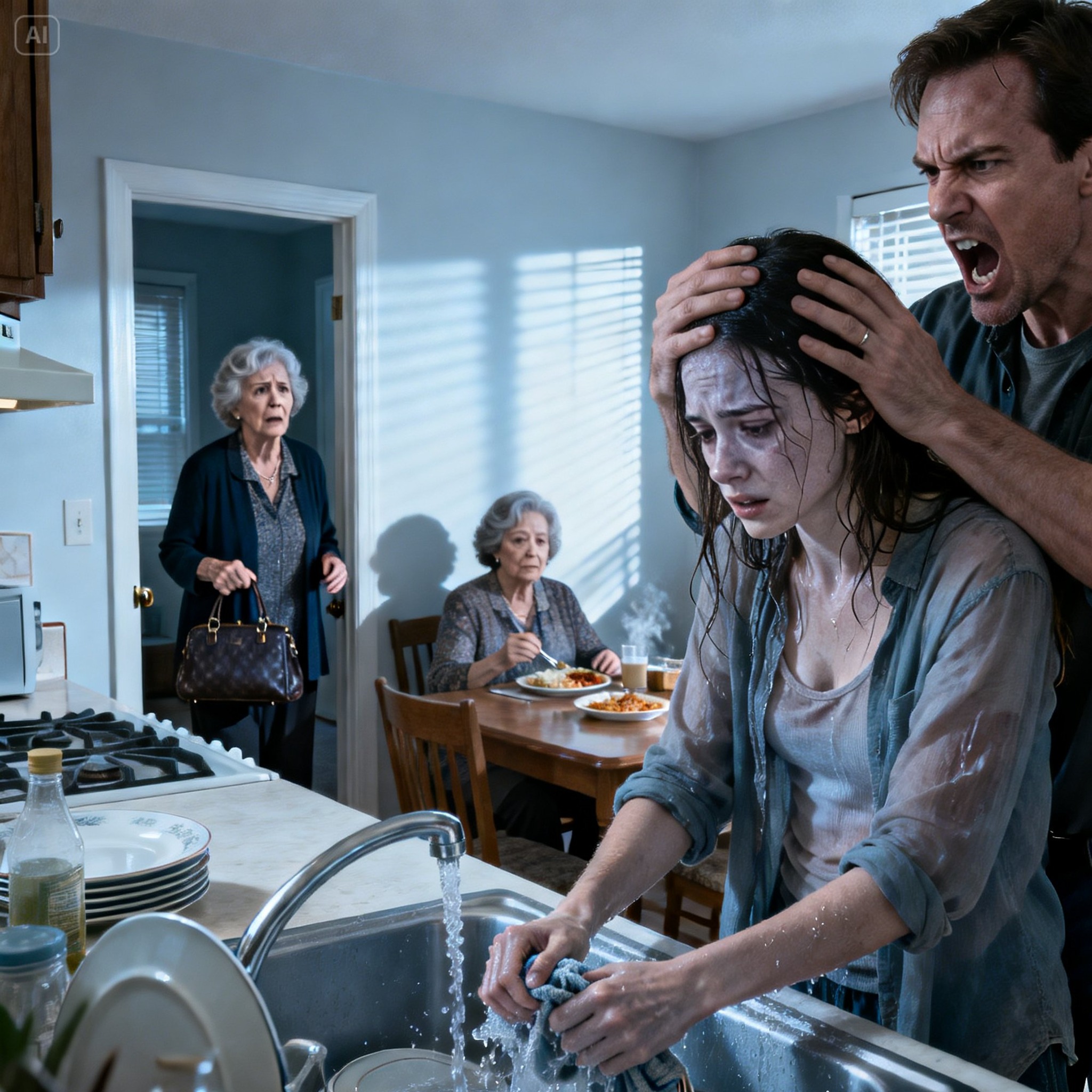 I visited my daughter without notice and was stunned! Her mother-in-law and husband were sitting and eating while she was washing dishes, shivering from the cold. Her husband snatched the plate from his mother’s hands and yelled, “Stop washing dishes, bring more food!” I quietly made a phone call. Five minutes later, everything had changed and…”