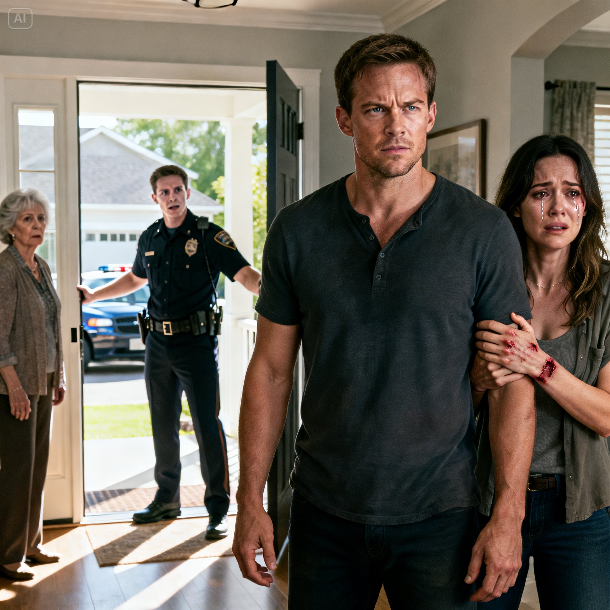 My wife showed me her bruised wrist, shaking as she cried, “He did this to me…” I looked at my brother—smirking like he’d get away with it. “Don’t make it a big deal,” my mom whispered. I stayed silent and made one call. When my brother walked in, an officer stopped him. “You’re being detained.” His face drained. I leaned in and said softly, “Today’s lesson… is consequences.” And for the first time, justice spoke louder than family.