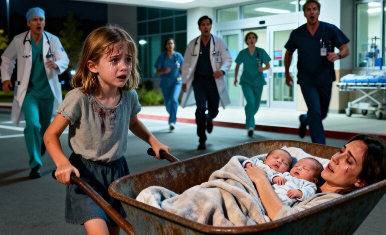 “My mommy has been sleeping for three days.” A 7-year-old girl pushed a wheelbarrow for miles to save her newborn twin brothers, and what happened next left the entire hospital speechless…