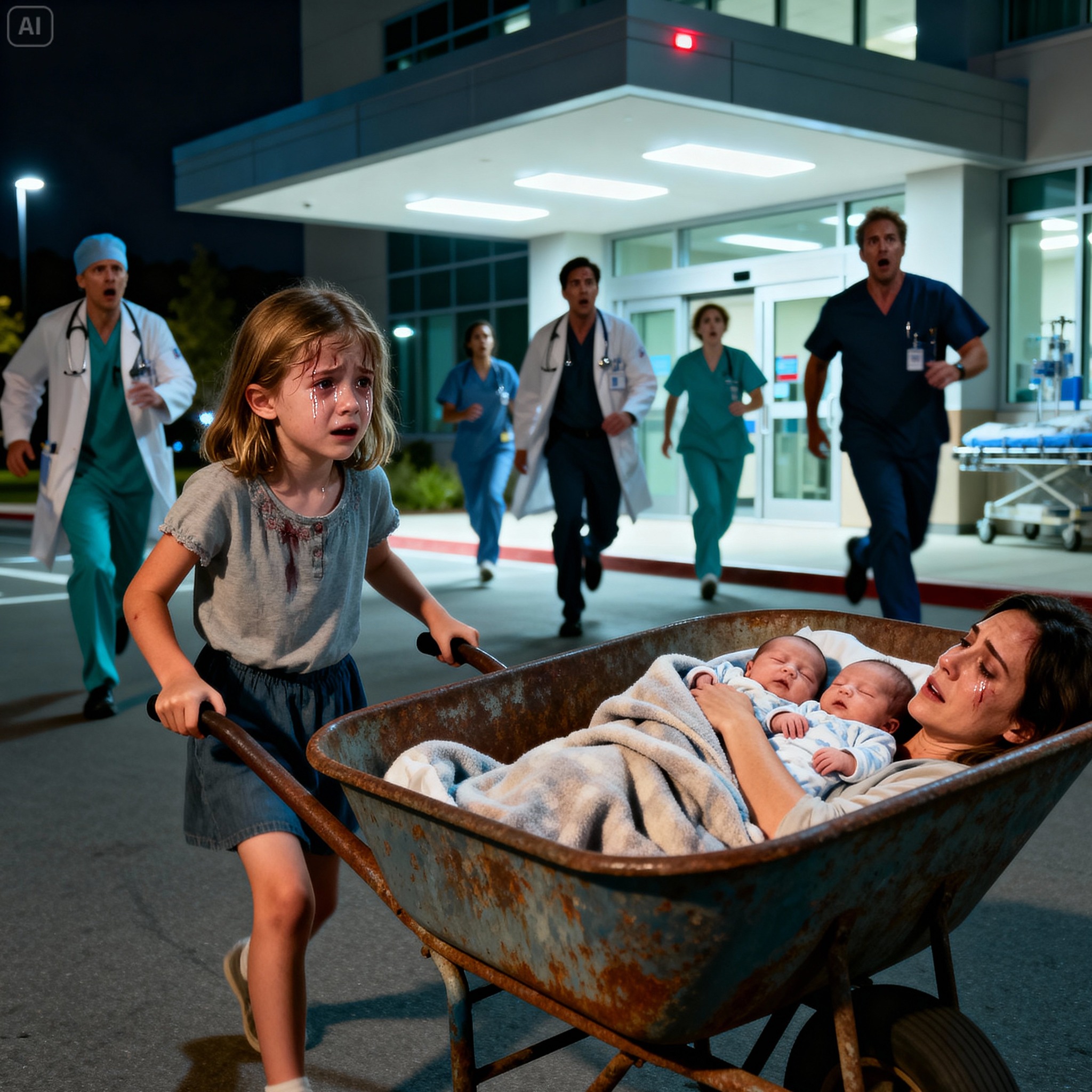 “My mommy has been sleeping for three days.” A 7-year-old girl pushed a wheelbarrow for miles to save her newborn twin brothers, and what happened next left the entire hospital speechless…