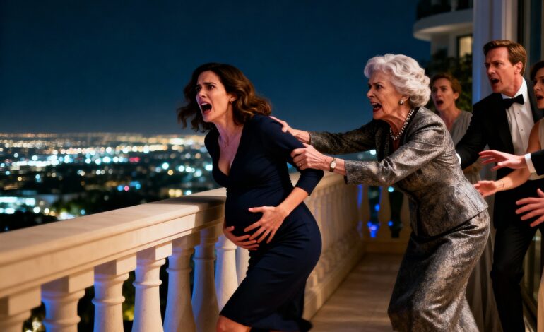 I raised my glass and smiled, “I’m pregnant.” The room glittered with chandeliers—then my mother-in-law laughed coldly. “Nice trick,” she said. “Trying to steal my son’s millions?” Before I could react, she shoved me toward the balcony rail. “Prove it. Jump—or admit you’re lying.” Hours later in the ER, the doctor looked up from the scan and said softly, “This isn’t a fake pregnancy… but what we found will change this family forever.”