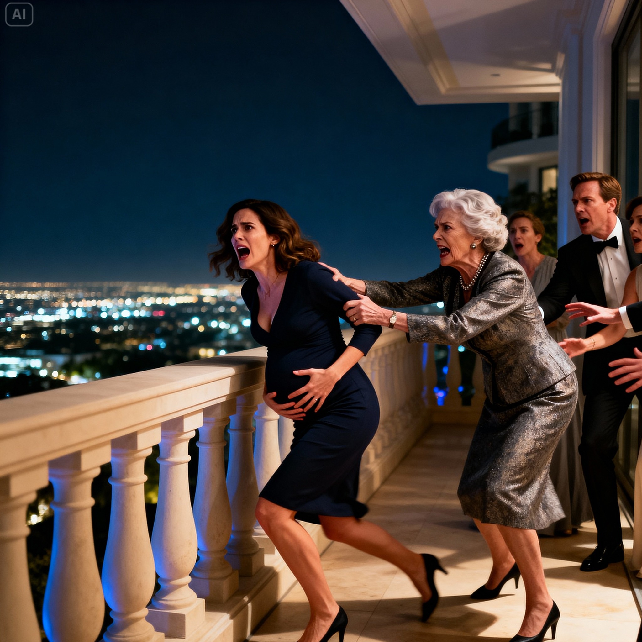 I raised my glass and smiled, “I’m pregnant.” The room glittered with chandeliers—then my mother-in-law laughed coldly. “Nice trick,” she said. “Trying to steal my son’s millions?” Before I could react, she shoved me toward the balcony rail. “Prove it. Jump—or admit you’re lying.” Hours later in the ER, the doctor looked up from the scan and said softly, “This isn’t a fake pregnancy… but what we found will change this family forever.”