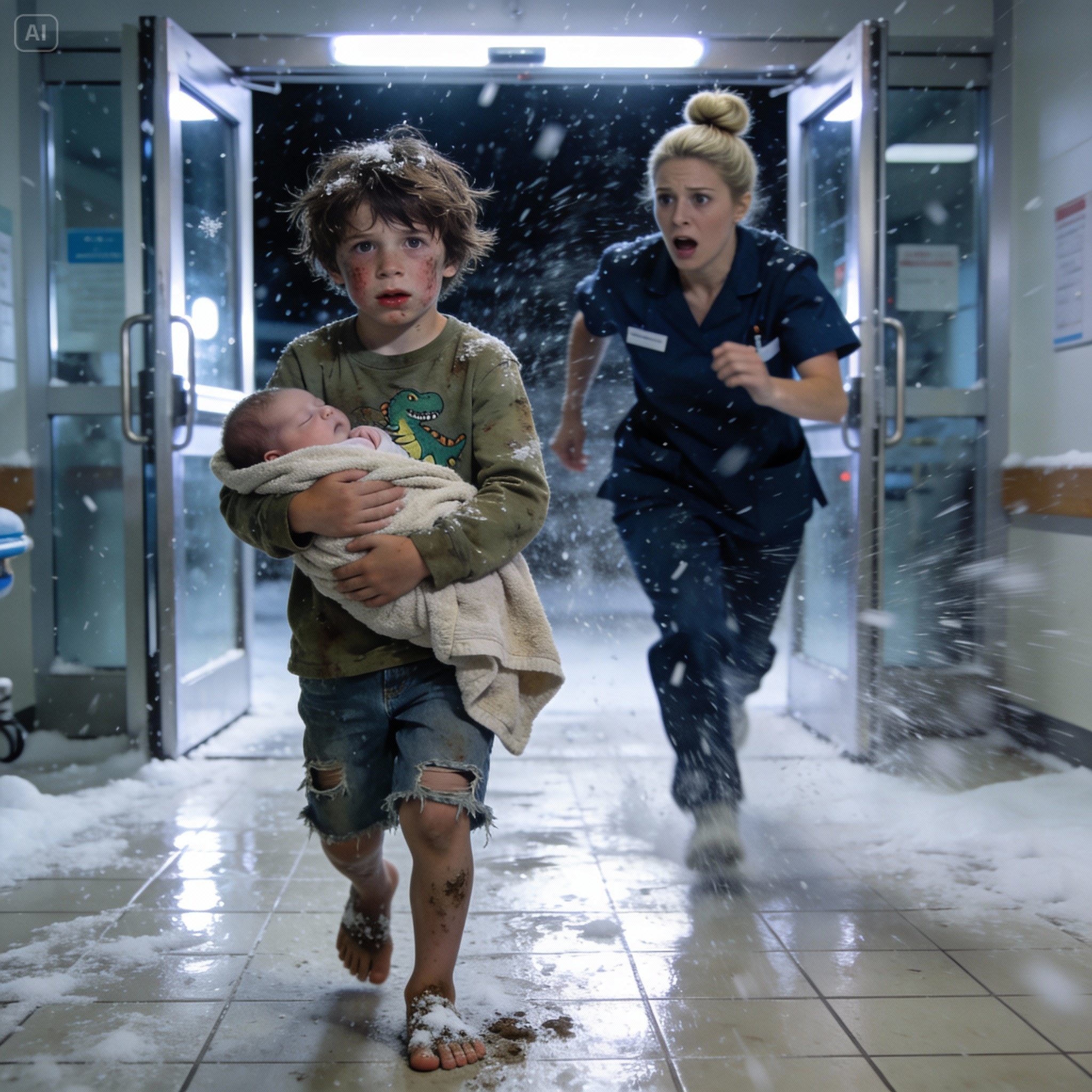 A bruised seven-year-old boy walked into the ER barefoot, carrying his baby sister. What he whispered to the nurse brought the entire staff to tears—and launched an investigation that changed everything.