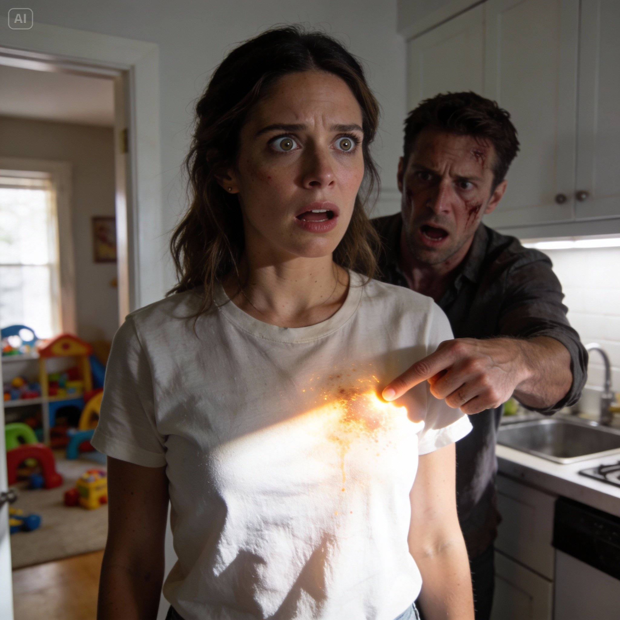 After coming back from work, my husband hugged me and froze. He pointed at my shirt and said, “What is this?” He looked pale. “What is what?” I asked. “Don’t you notice?” Soon, I noticed it too, and my jaw dropped. Twelve days later, his mother watched a video and started screaming.