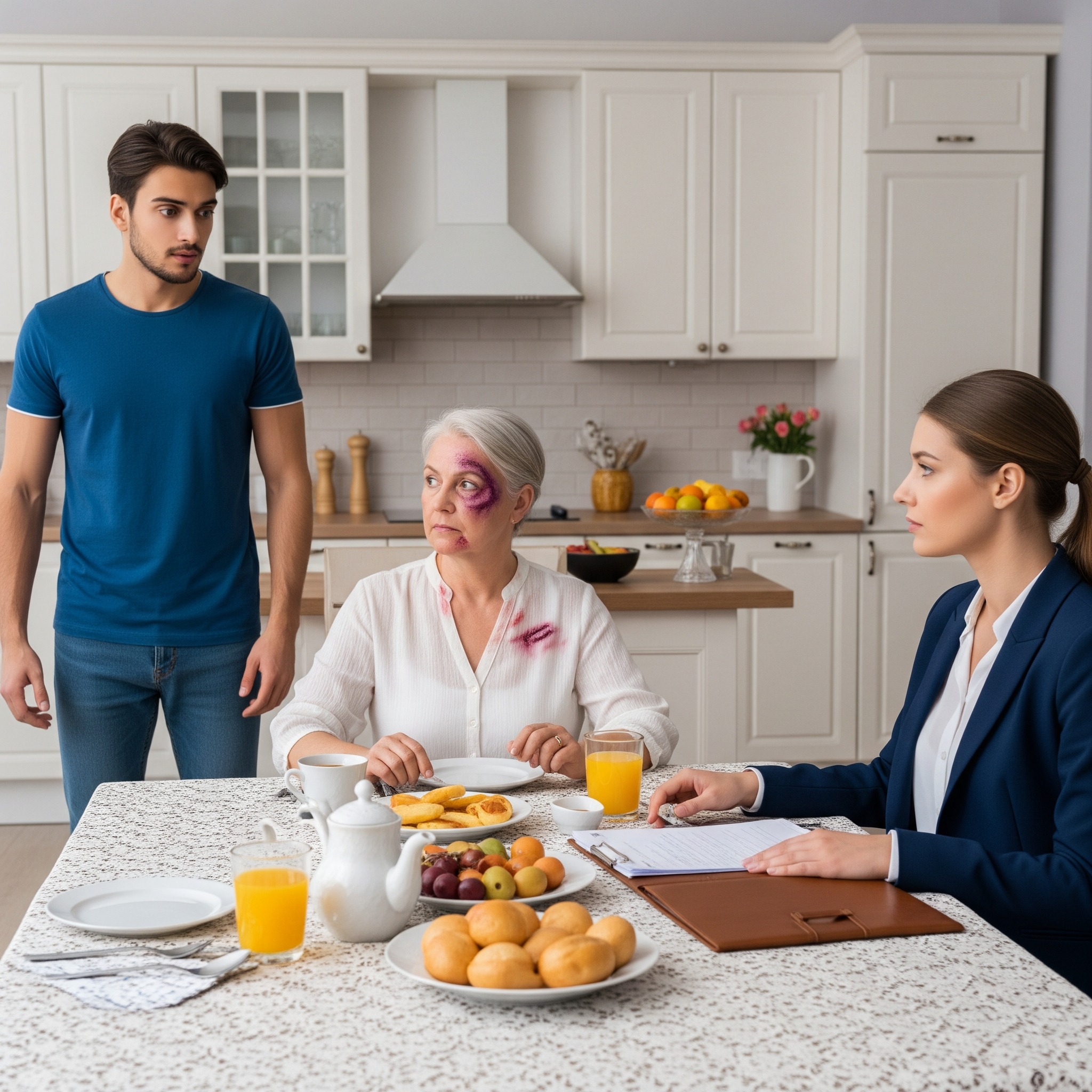 My son hit me, I kept quiet. The next morning, I cooked a sumptuous feast. He went downstairs, saw the lace tablecloth and cookies, smiled and said: “So, Dad, you finally learned”, but his face changed color as soon as he saw the person sitting at the table…