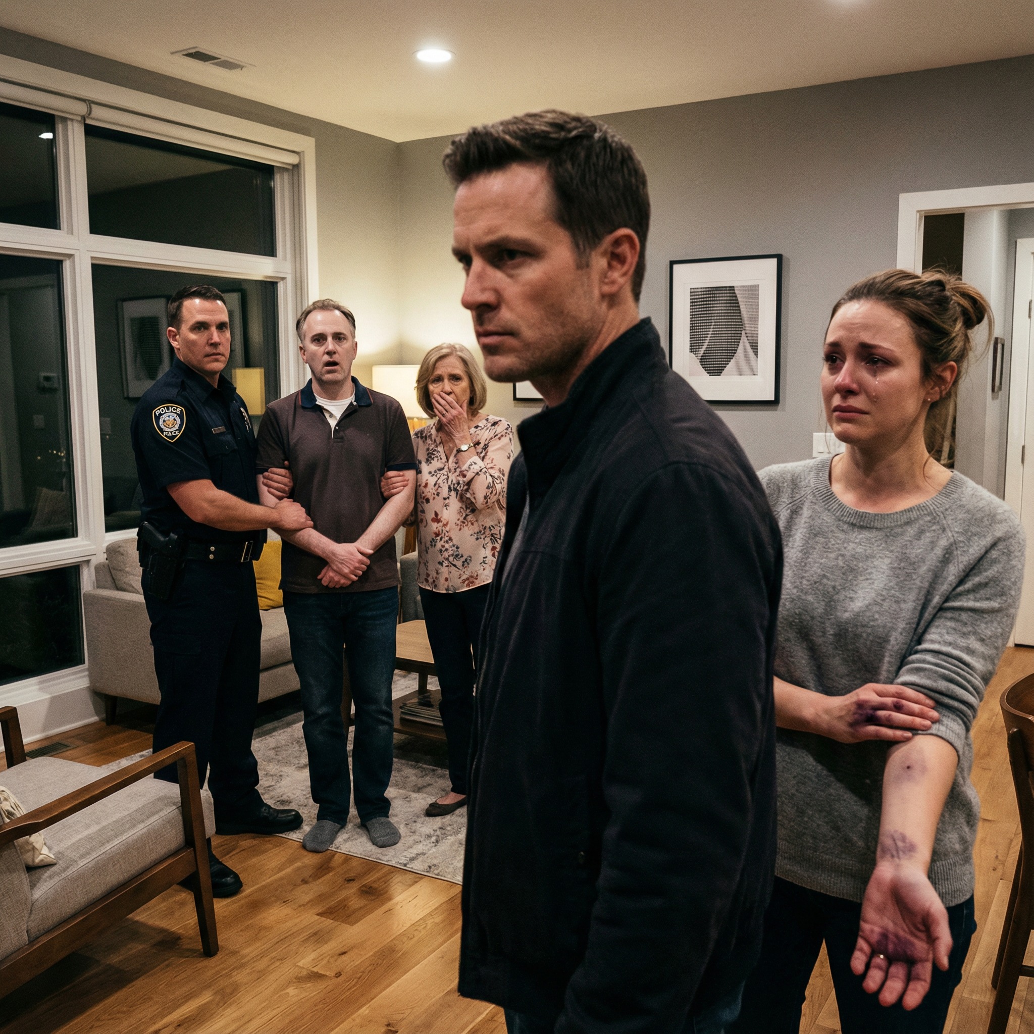 My wife showed me her bruised wrist, shaking as she cried, “He did this to me…” I looked at my brother—smirking like he’d get away with it. “Don’t make it a big deal,” my mom whispered. I stayed silent and made one call. When my brother walked in, an officer stopped him. “You’re being detained.” His face drained. I leaned in and said softly, “Today’s lesson… is consequences.” And for the first time, justice spoke louder than family.