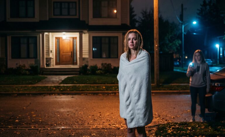 I was standing barefoot on the cold pavement, my body wrapped in nothing but a towel, when my husband slammed the door and shouted, “Get out if you won’t let my mother move in!” I knocked, begged, cried—silence. What he didn’t know was that someone across the street had seen everything. And now, as I dry my tears, I smile… because the perfect life he built on lies is about to collapse.