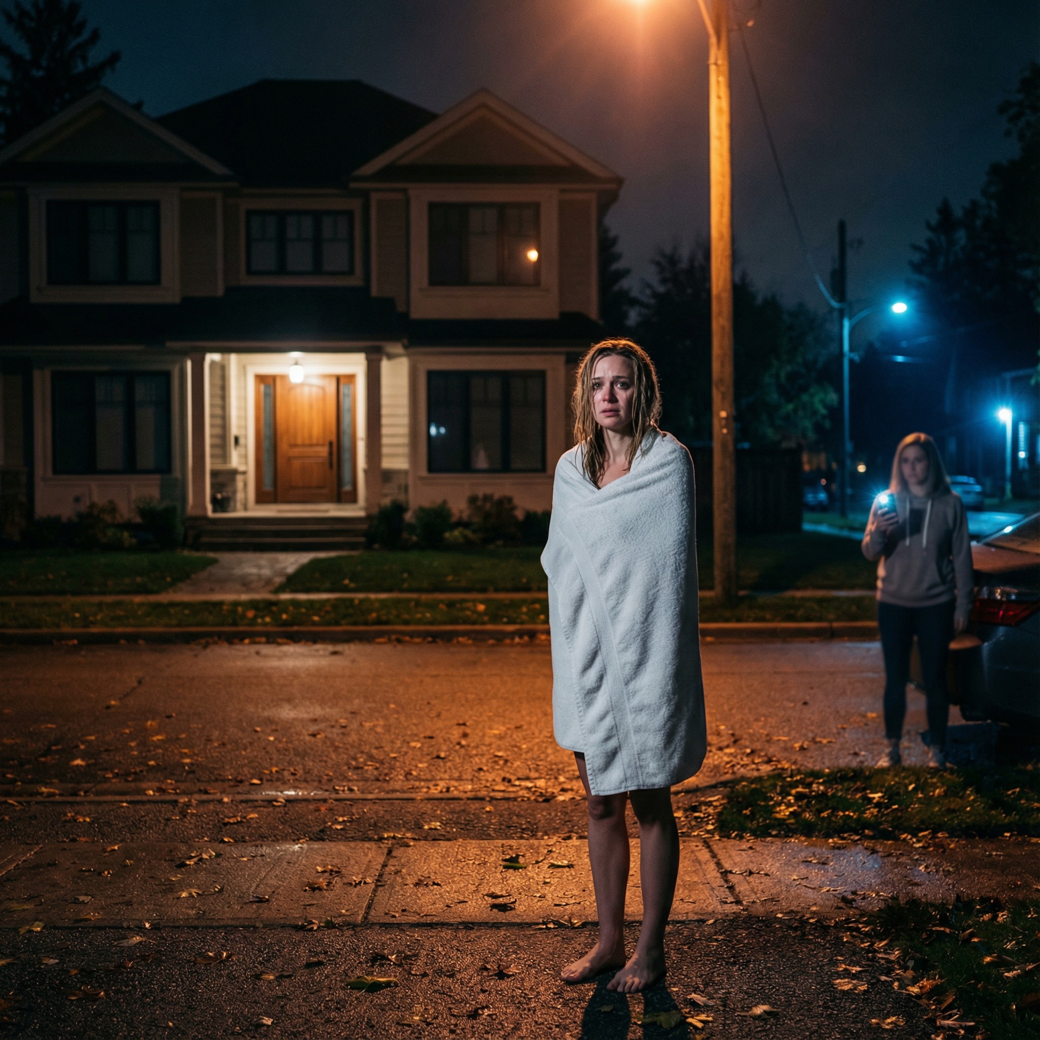 I was standing barefoot on the cold pavement, my body wrapped in nothing but a towel, when my husband slammed the door and shouted, “Get out if you won’t let my mother move in!” I knocked, begged, cried—silence. What he didn’t know was that someone across the street had seen everything. And now, as I dry my tears, I smile… because the perfect life he built on lies is about to collapse.