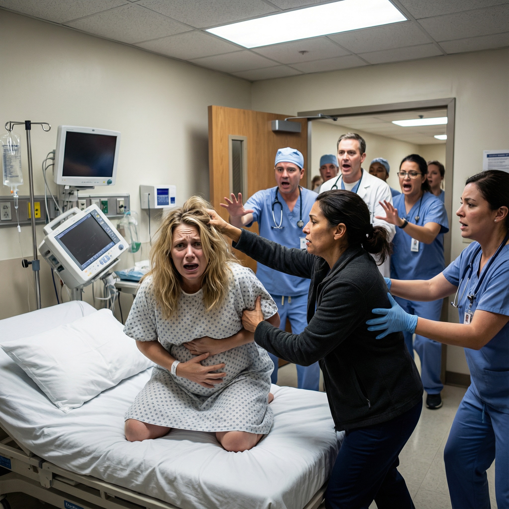 I was lying in the hospital bed, one hand on my pregnant belly, when she stormed in and hissed, “You think carrying his child makes you untouchable?” Before I could scream, she grabbed my hair and shoved me down. Nurses rushed in—but then my father stepped through the door and said calmly, “Get your hands off my daughter.” The room went silent. She had no idea who she’d just attacked.