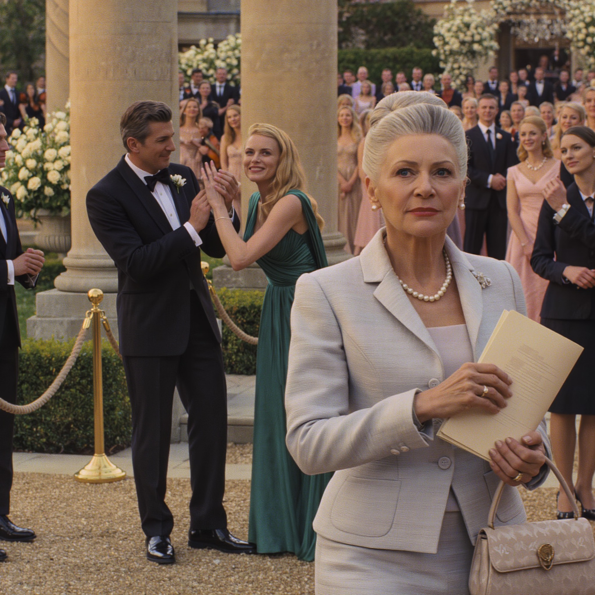 My son stopped me at the entrance of my granddaughter’s wedding and said, “Your name isn’t on the list, Mom,” in front of two hundred guests—so I smiled like a quiet old widow… and reached into my clutch for the one folder that could freeze this entire $127,000 day in its tracks.