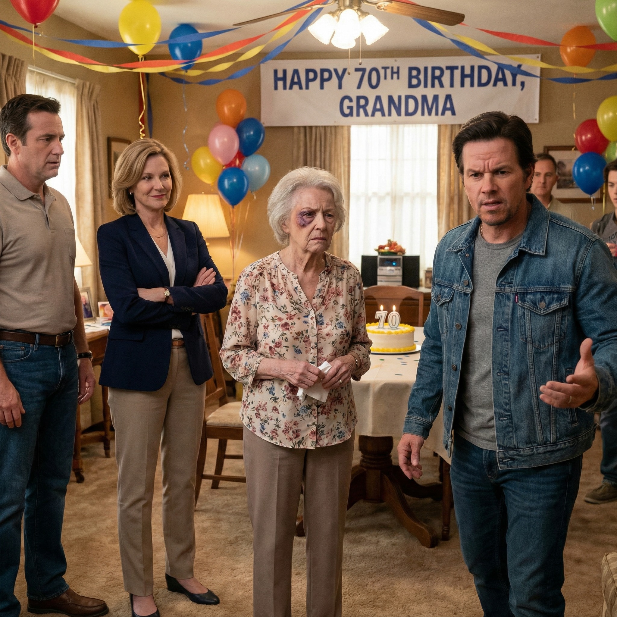 I stepped into the room on my 70th birthday with a dark bruise burning beneath my eye, and the laughter died instantly. Someone whispered, “What happened?” My son answered before I could. “My wife,” he said coldly. “She taught her a lesson.” His wife didn’t deny it—she smiled. Then my other son took one step forward and said something that shattered the silence forever…