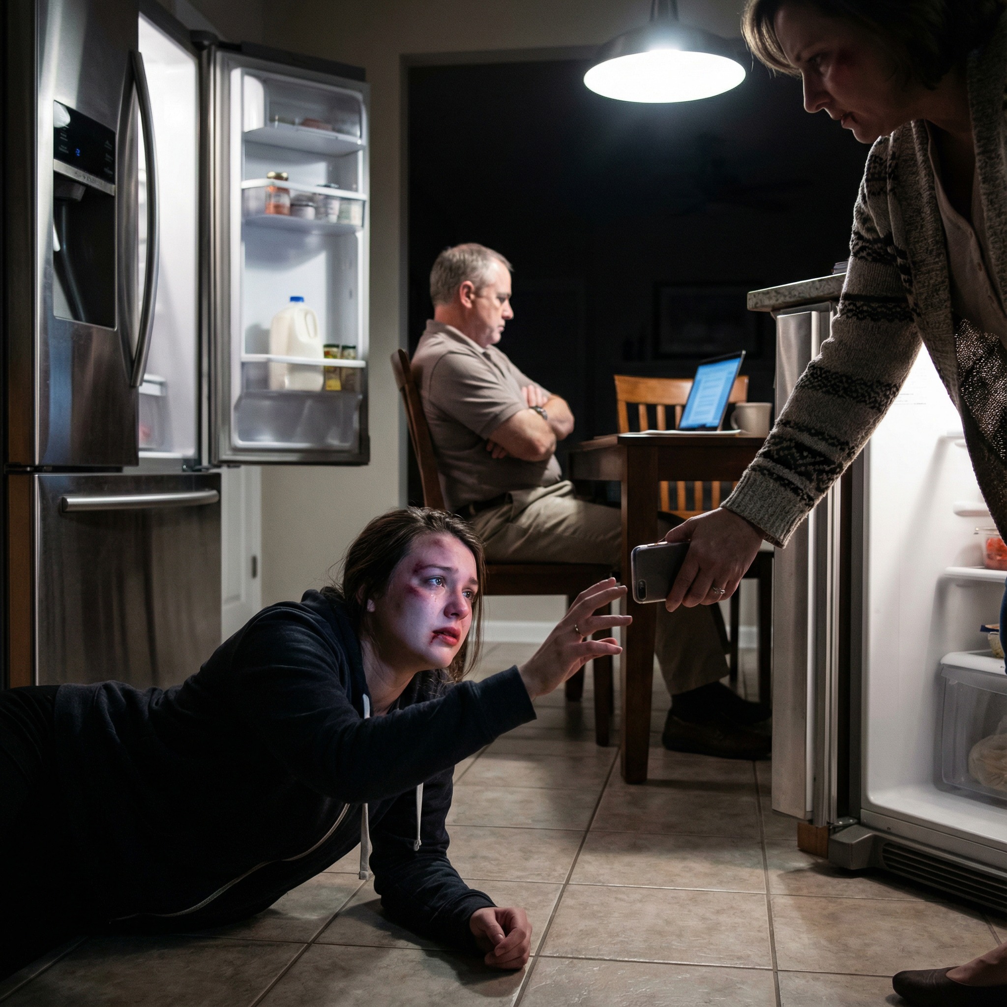 My husband shoved me against the refrigerator, then kicked me so hard with his knee that my nose broke. I was bleeding, trembling, and reached for my phone—until my mother-in-law snatched it away. “Just a small scratch,” she snapped. And my father-in-law? “Drama queen,” he muttered. They had no idea what I was going to do next.