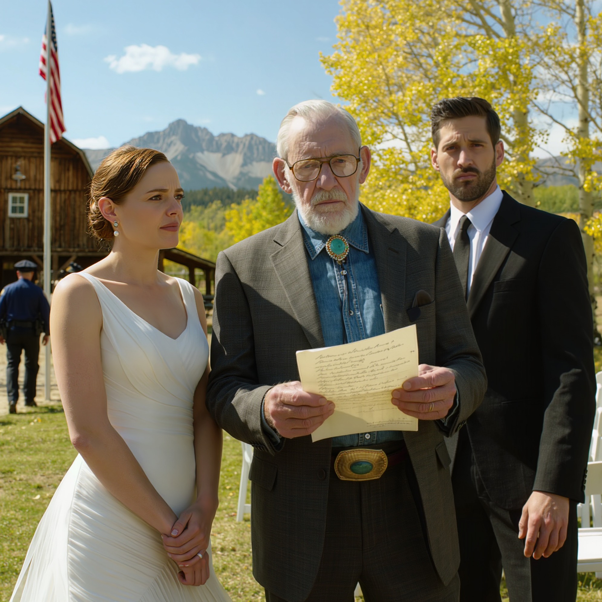 Right before my daughter said “I do,” she slipped a note she’d hidden in her bridal bouquet into my palm and whispered, “Dad… please help me.” For months her fiancé had kept circling our family farm—asking about the deed, the value, the inheritance—and I’d brushed it off as curiosity. But that scrap of paper made me shoot to my feet in the middle of the church and…